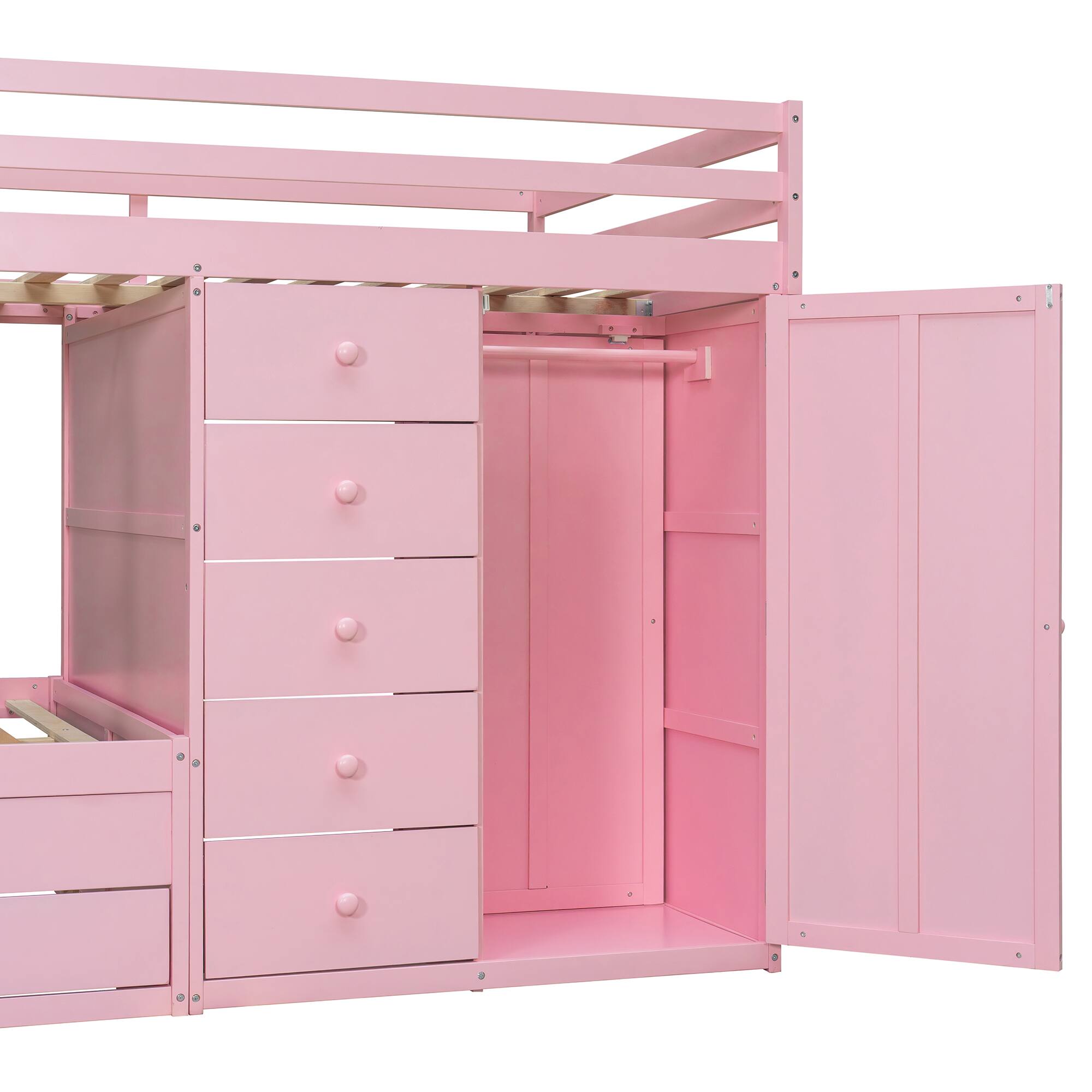 Alt View 4. Anysun - Full Size Bunk Bed with Multiple Drawers & Wardrobe - MDF & Solid Wood Construction, Modern Storage Design - Pink.