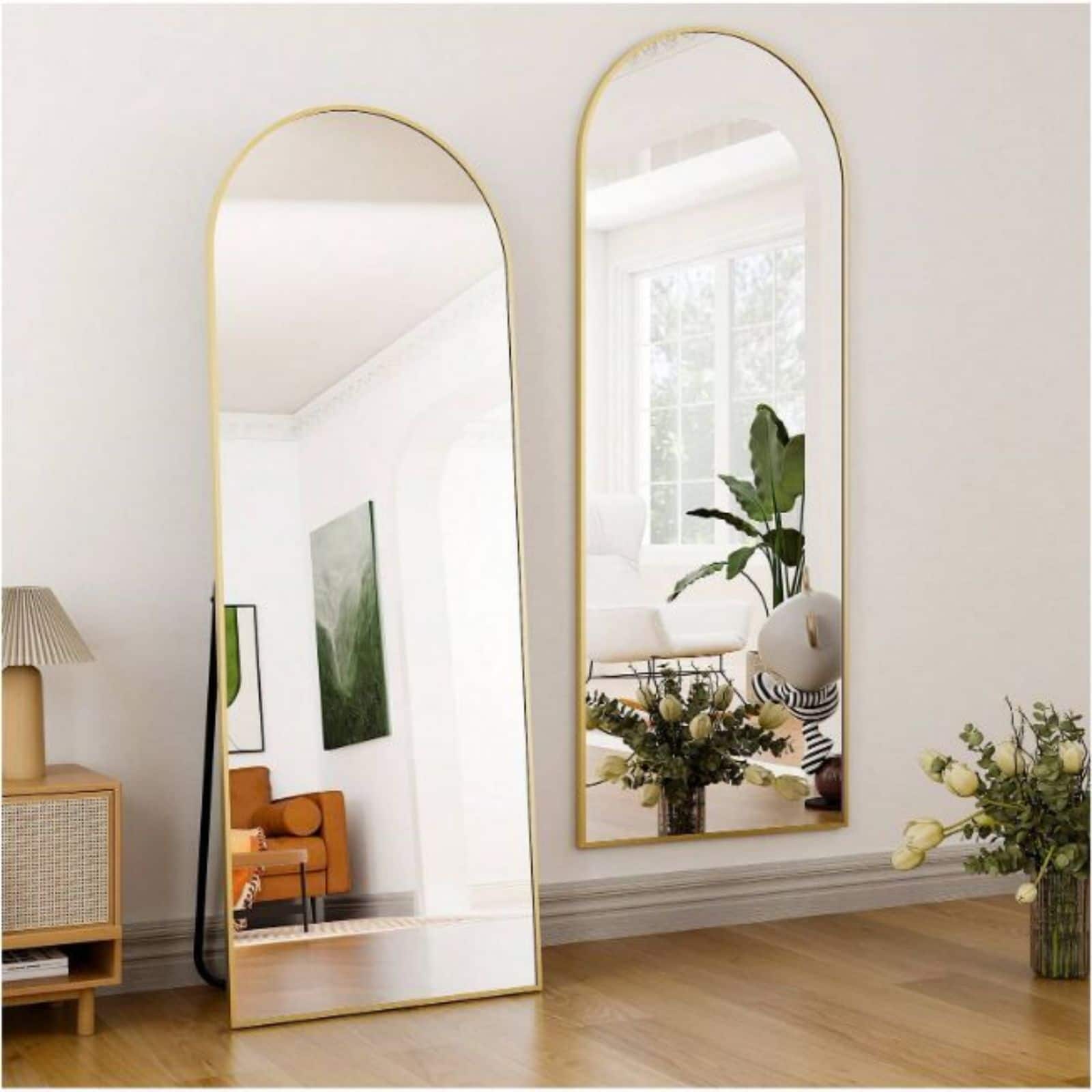 HOMLUX - Arched Full Length Floor Mirror Black Aluminum Frame Free Standing Leaning Wall Mount for Bedroom