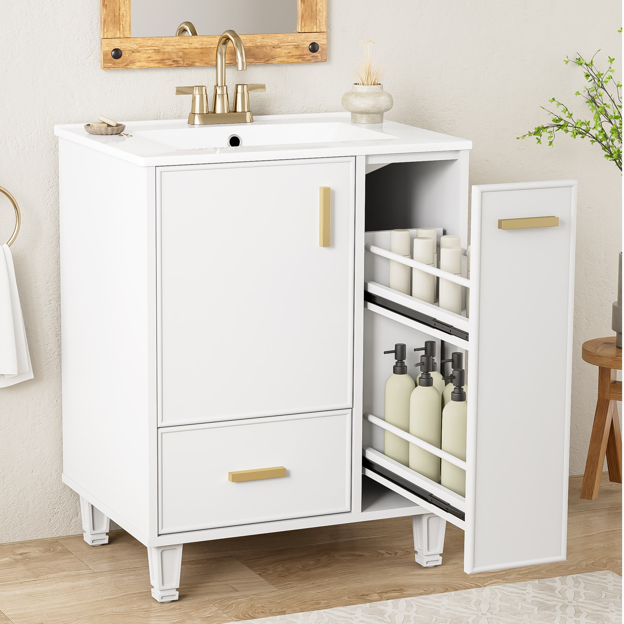 Tiramisubest - 24" Bathroom Vanity with Sink, Bathroom Cabinet with Door Shelf, Deep Drawer, 2-Tier Pull-Out Basket - White