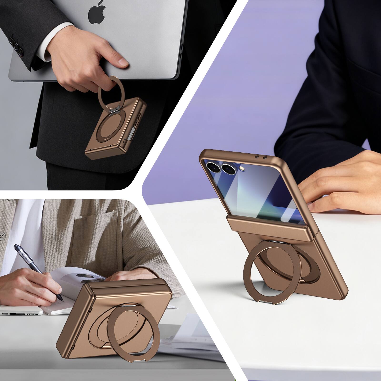 Angle. Dteck - For Samsung Galaxy Z Flip 7 Rugged Case With Screen Protector, Shockproof Magnetic Ring Stand Hinge Protection Cover - Gold.