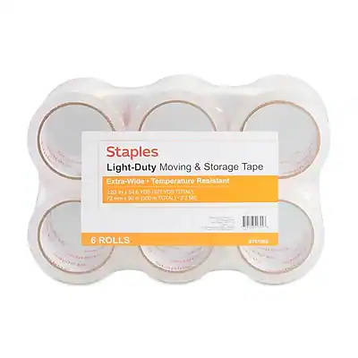 Staples
Light-Duty Moving & Storage Tape
Extra-Wide • Temperature Resistant
2.83 in. x 546 yds. (72 m) per roll
6 Rolls Total
2.83 in. x 3,276 yds. (2,200 m) Total
6 Rolls