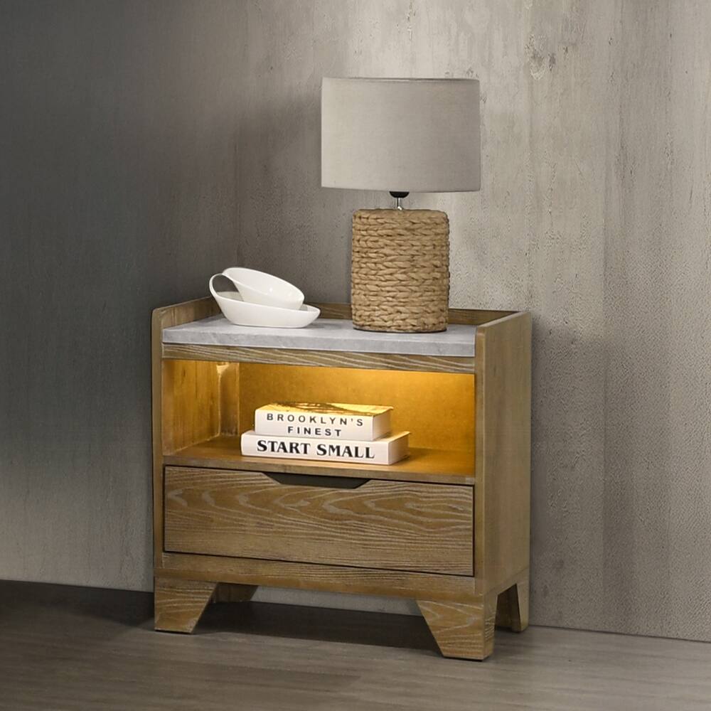 Tiramisubest - Transitional Nightstand with LED Light and USB Ports, Wooden Bedside Cabinet with Drawer and Shelf - Brown