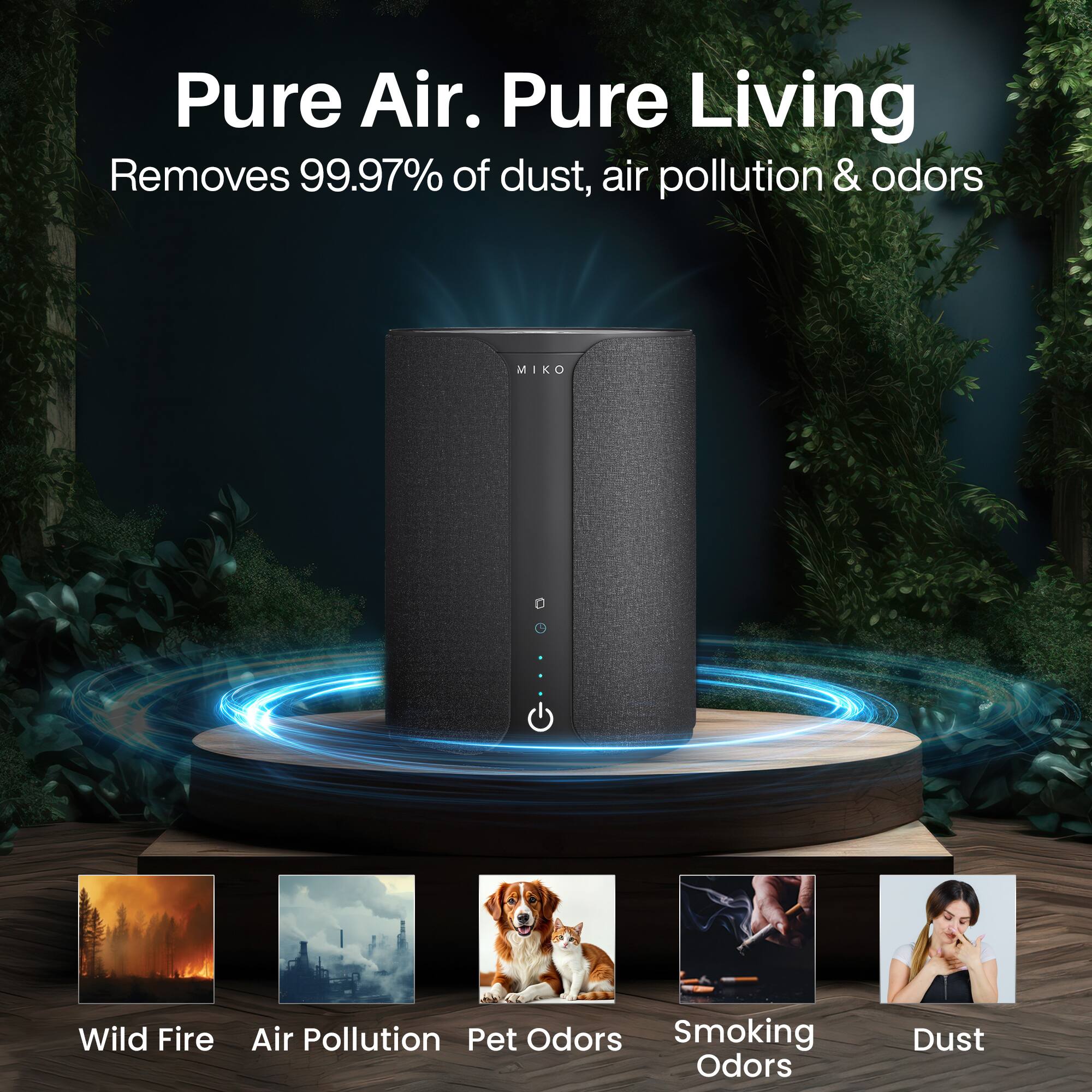 Pure Air. Pure Living  
Removes 99.97% of dust, air pollution & odors  

Wild Fire  
Air Pollution  
Pet Odors  
Smoking Odors  
Dust