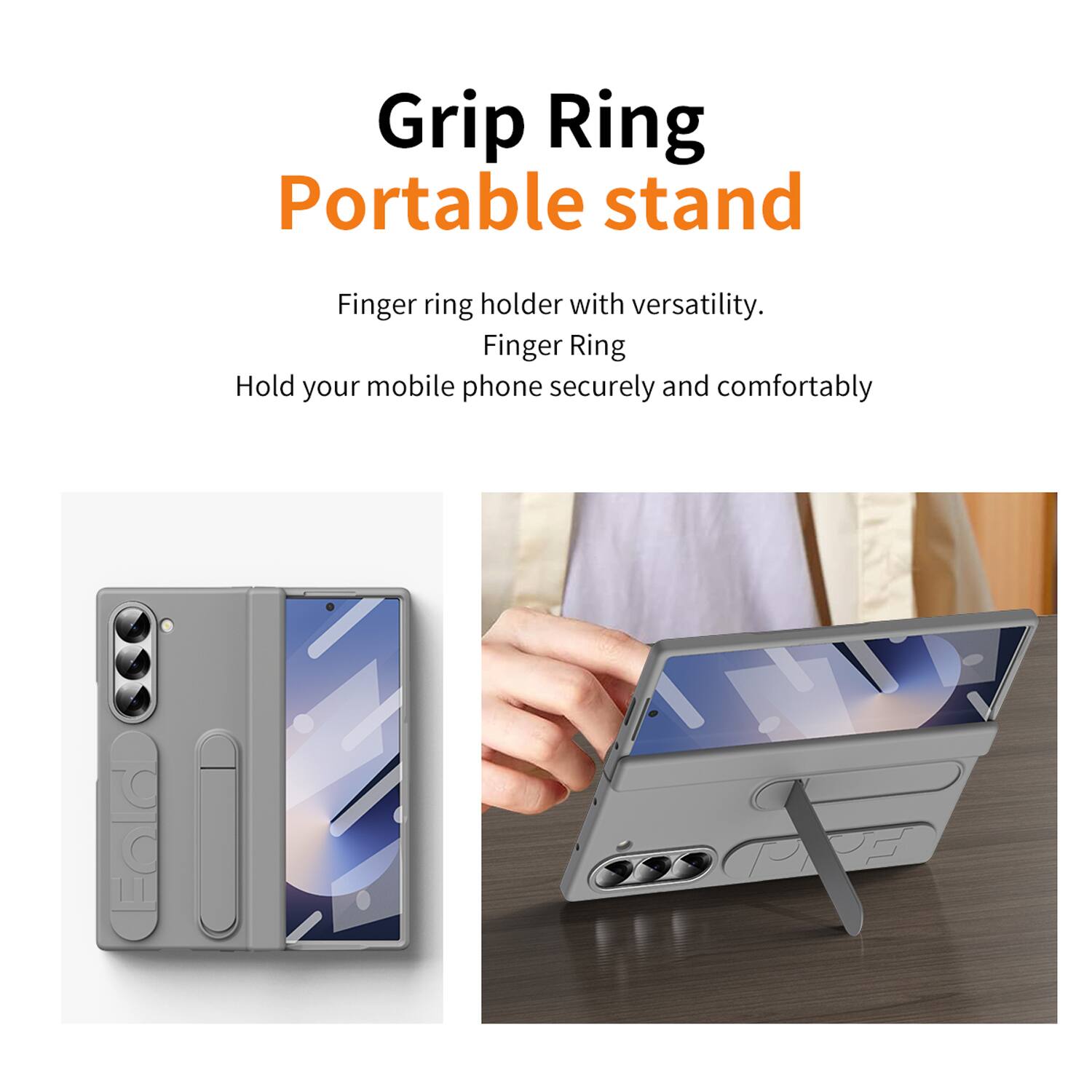 Grip Ring Portable Stand

Finger ring holder with versatility.  
Finger Ring  
Hold your mobile phone securely and comfortably