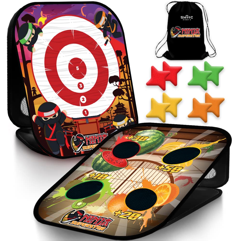 Swooc Games - Ninja Superstar - 2-in-1 Corn Hole Games for Kids - 5-Second Setup - Ninja Kids Toys - Bean Bag Toss Game for Kids - Multicolored