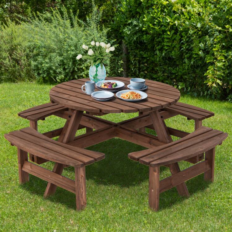 Alt View 2. Mondawe - 8-Seat Round Wood Picnic Table Set w/ Umbrella Hole, Outdoor Patio Dining Bench Set for Garden - Brown.