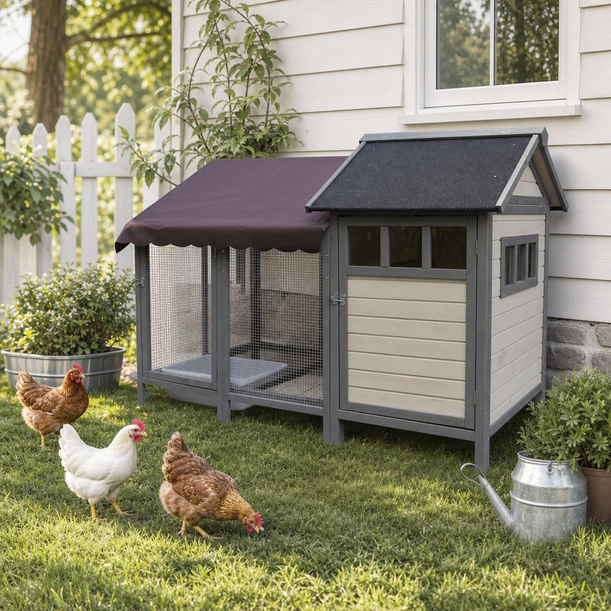 Back. RYHNUYNE - Wooden Outdoor Chicken Coop, 67.3 in Long, Holds 6 to 8 Birds, Waterproof Felt Roof, Movable Run.