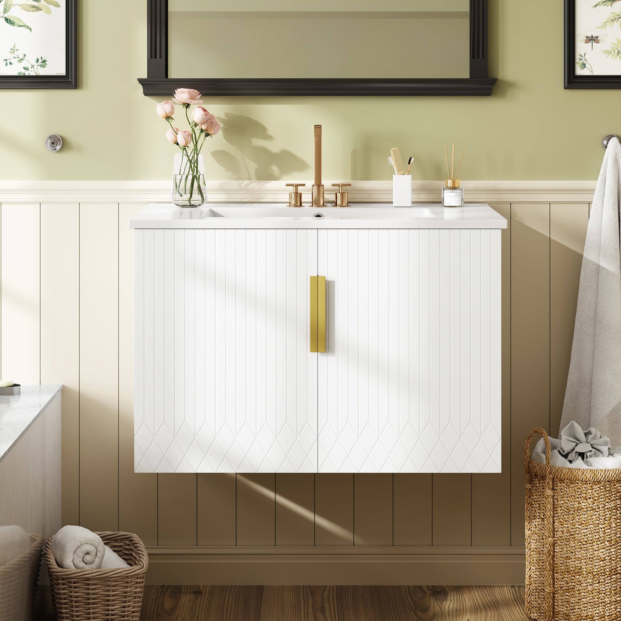 Alt View 1. Boyel Living - 30 Inch Vintage Wall Mounted Bathroom Vanity with Ceramic Sink Dual Doors White - White.