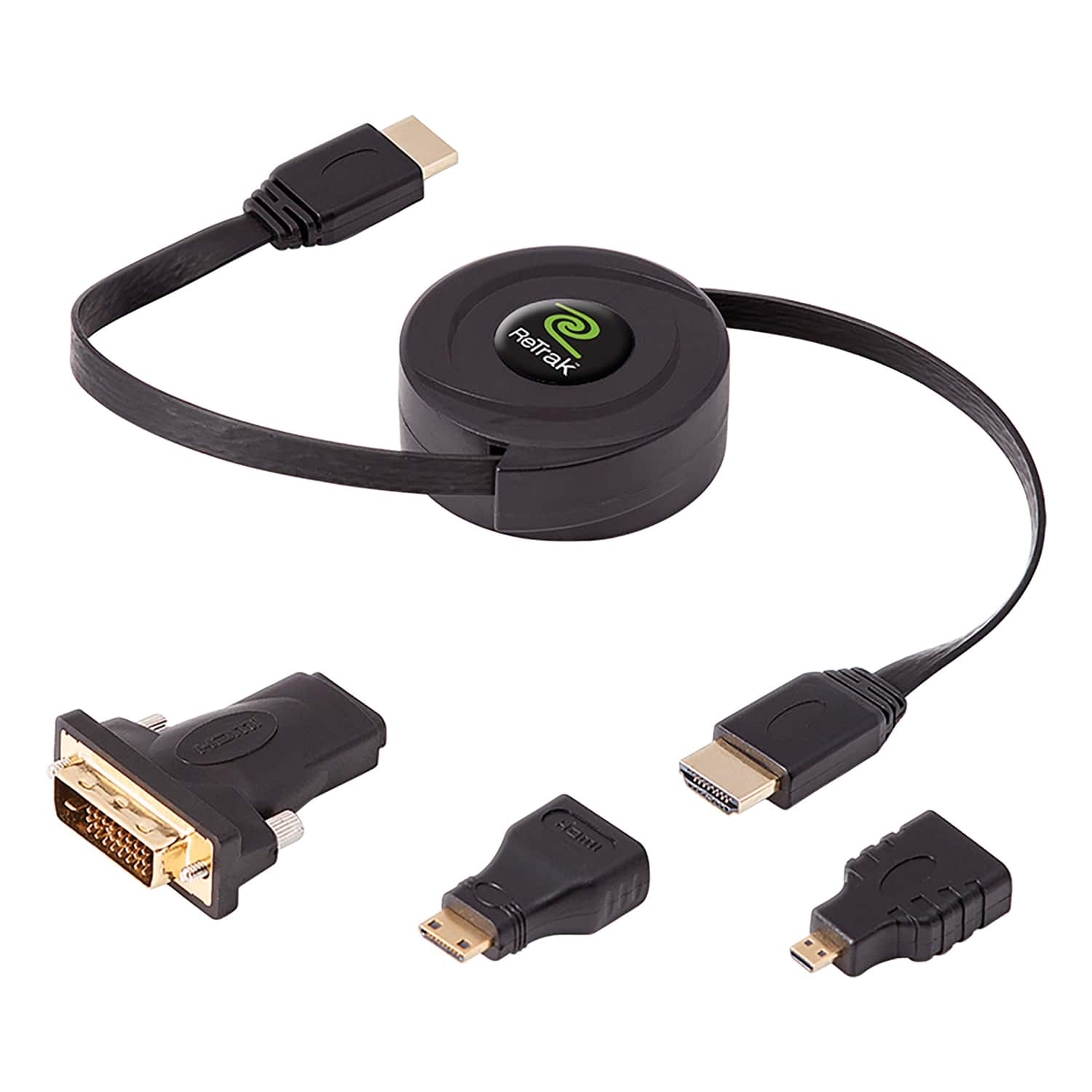 ReTrak - Retractable Standard HDMI Cable 5 Ft with Mini, Micro, and DVI Adapters - Black