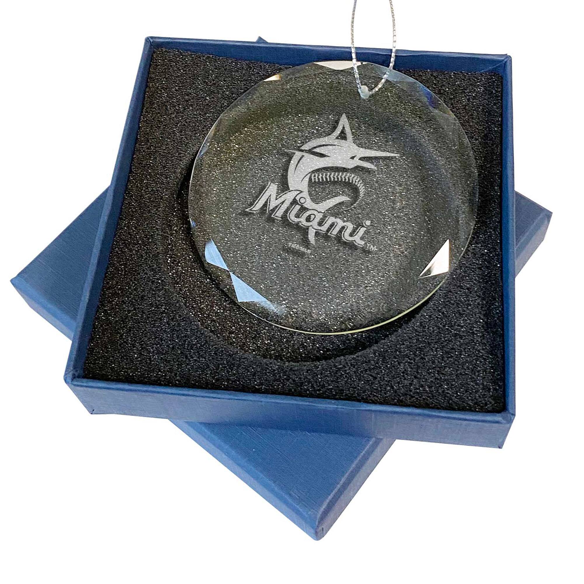 Front. The Memory Company - Miami Marlins 3.25'' Laser Engraved Glass Ornament - Multicolor.