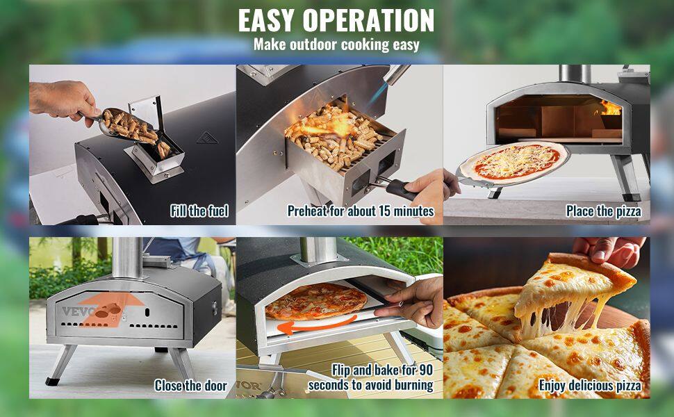 EASY OPERATION  
Make outdoor cooking easy

1. Fill the fuel
2. Preheat for about 15 minutes
3. Place the pizza
4. Close the door
5. Flip and bake for 90 seconds to avoid burning
6. Enjoy delicious pizza