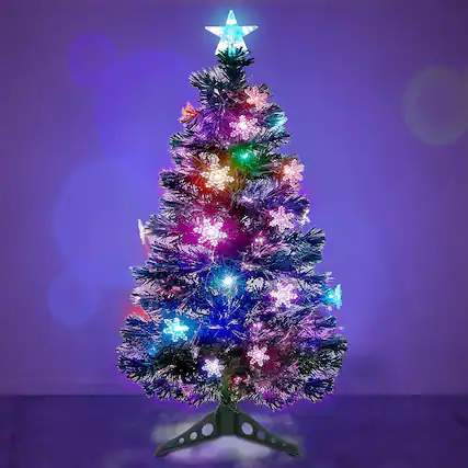 Front. RTMB - 3 FT Artificial Christmas Tree, Pre-Lit Fiber Optic Tree with Multicolor LED Lights and Top Star - Green.