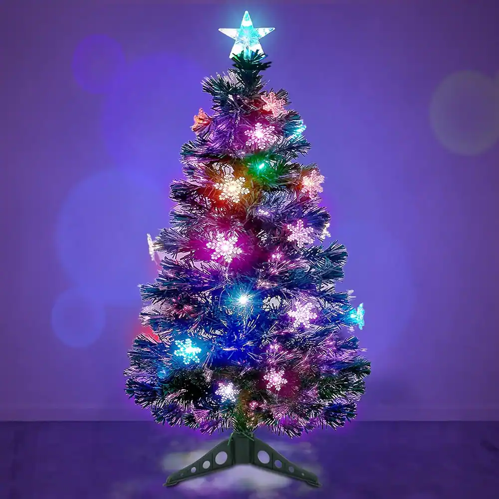 RTMB - 3 FT Artificial Christmas Tree, Pre-Lit Fiber Optic Tree with Multicolor LED Lights and Top Star - Green
