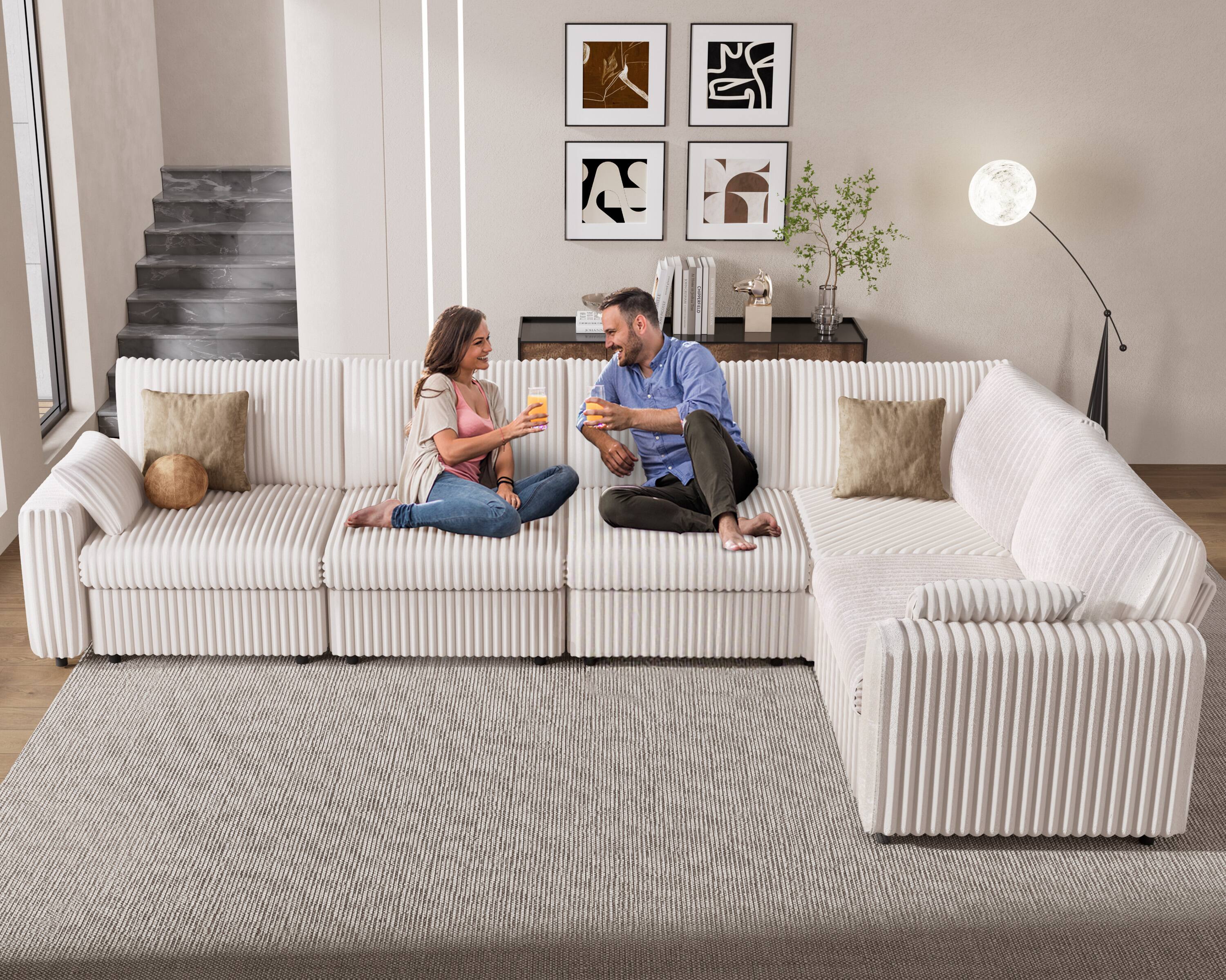 Left. Vipbear - 161.5" Modern Oversized Modular Sectional Sofa Plush Corduroy Fabric, Sectional Couch with Deep Seat, Tool-Free Assembly - White.