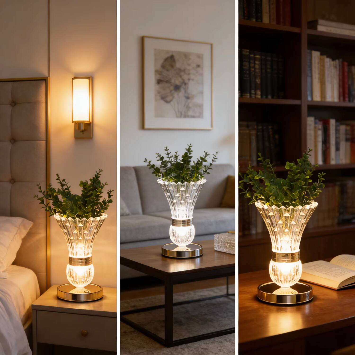 Left. Luckbyte - Crystal Vase Touch Table Lamp, 3 Color Dimmable Rechargeable Eye-Caring Reading Lamp for Home Decor - Clear.