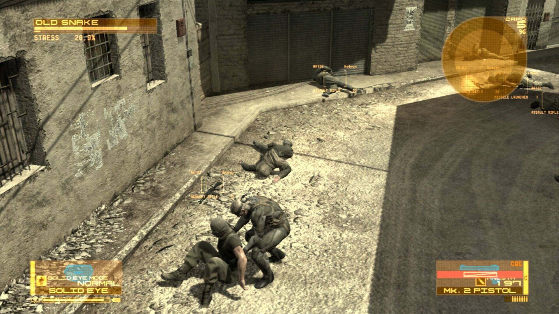 OLD SNAKE  
STRESS 20-9%  

CAMO XU  
AK122  
Hebron WH102  
RebPo  
P-7  
Sosron  
ASSRA  
RIN  
30  
MIFLE  
6102  
20  
MISSILE LAUNCHER 1  
ASSAULT RIFLE K107  
194S  
ASSADE  
ACF  
CQC  
SOLID EYE MODE NORMAL  
SOLID EYE  

CQC  
MK. 2 PISTOL