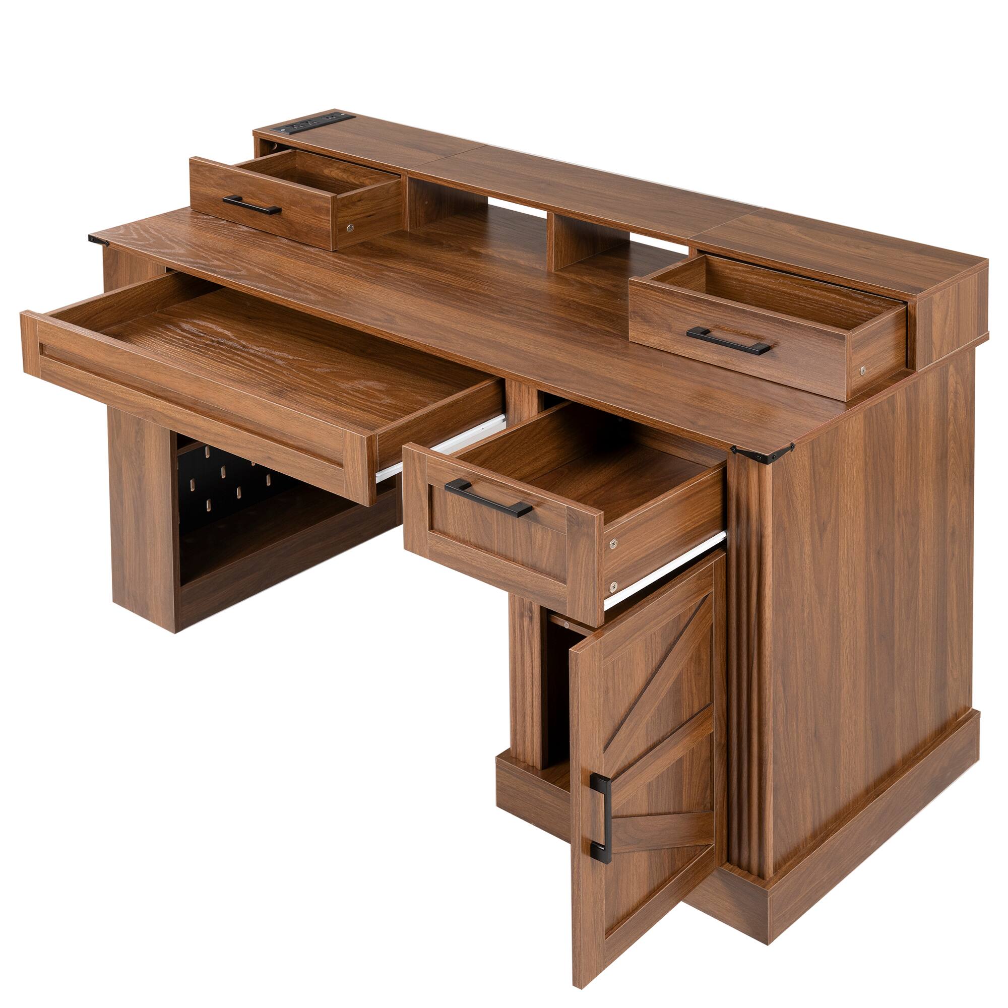 Alt View 4. Boyel Living - 55 Inch Farmhouse Desk with Barn Door Cabinet and Charging Station Dark Walnut - White.