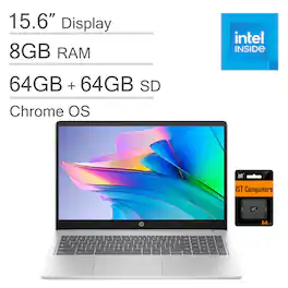 HP - Chromebook 15 15.6" HD Laptop - Intel Processor N200 with 8GB LPDDR5 Memory - 64GB+64GB IST SD Card - Chrome OS - Natural Silver