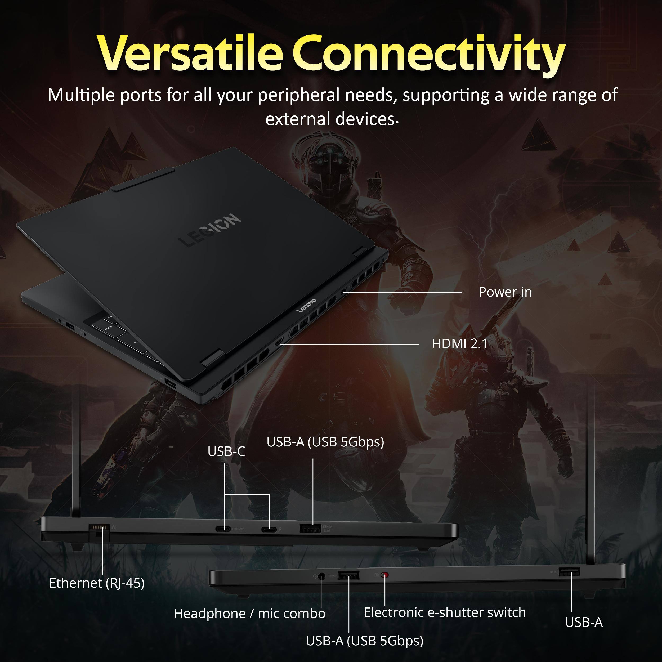 Versatile Connectivity

Multiple ports for all your peripheral needs, supporting a wide range of external devices.

- Power in
- HDMI 2.1
- USB-C
- USB-A (USB 5Gbps)
- Ethernet (RJ-45)
- Headphone / mic combo
- Electronic e-shutter switch
- USB-A (USB 5Gbps)
- USB-A