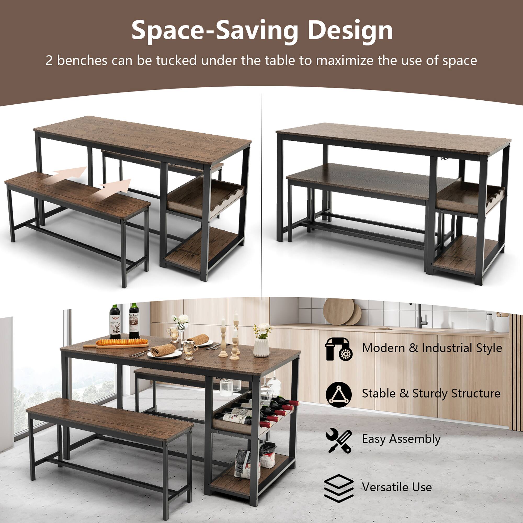 Space-Saving Design: 2 benches can be tucked under the table to maximize the use of space. The image showcases a modern and industrial style table with a stable and sturdy structure. The table is easy to assemble and offers versatile use.