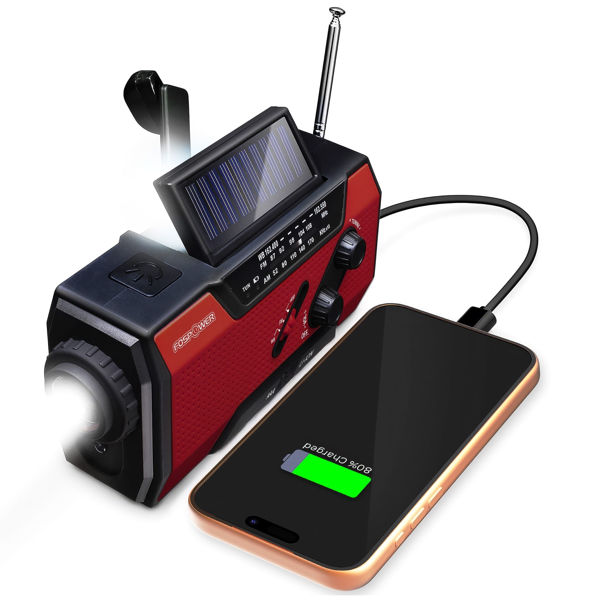 FosPower - Solar Hand Crank Emergency Radio with Flashlight, IPX3 SOS Alarm AM/FM/NOAA Weather Radio, Power Bank Phone Charger - Red