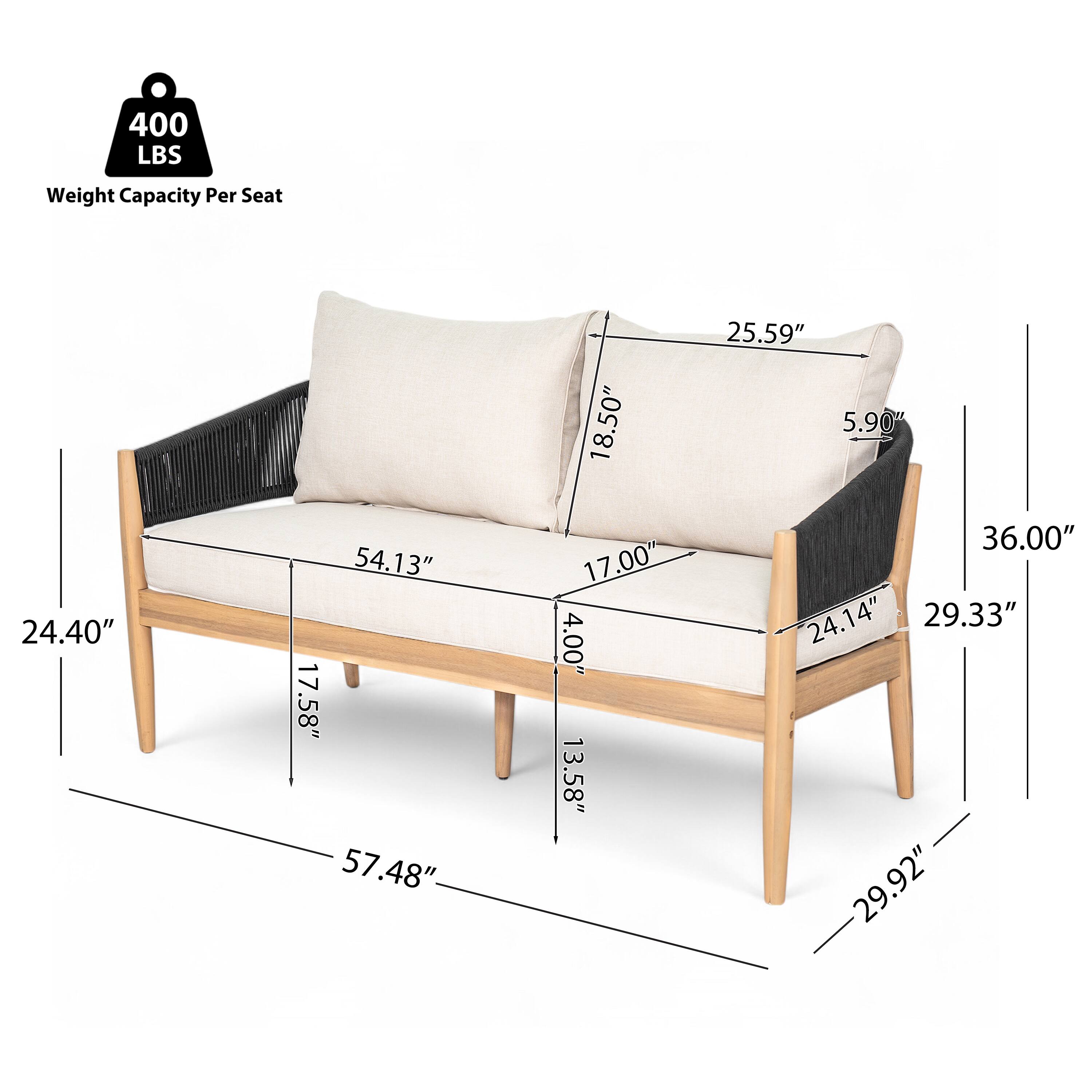 400 LBS Weight Capacity Per Seat

18.50"  
25.59"  
5.90"  
24.40"  
54.13"  
17.58"  
57.48"  
17.00"  
4.00"  
13.58"  
36.00"  
24.14"  
29.33"  
29.92"
