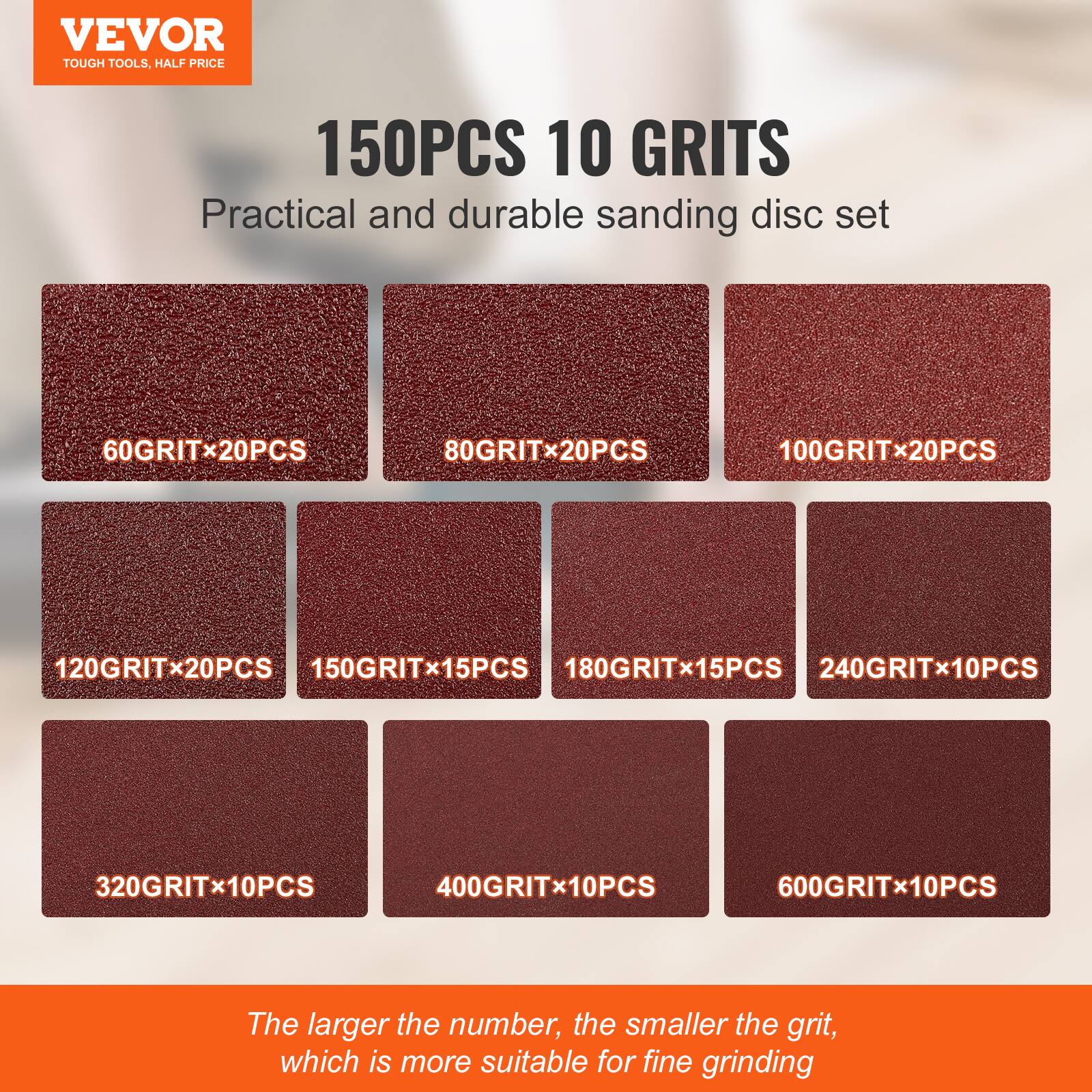 VEVOR  
TOUGH TOOLS, HALF PRICE  

150PCS 10 GRITS  
Practical and durable sanding disc set  

60GRITx20PCS  
80GRITx20PCS  
100GRITx20PCS  
120GRITx20PCS  
150GRITx15PCS  
180GRITx15PCS  
240GRITx10PCS  
320GRITx10PCS  
400GRITx10PCS  
600GRITx10PCS  

The larger the number, the smaller the grit, which is more suitable for fine grinding