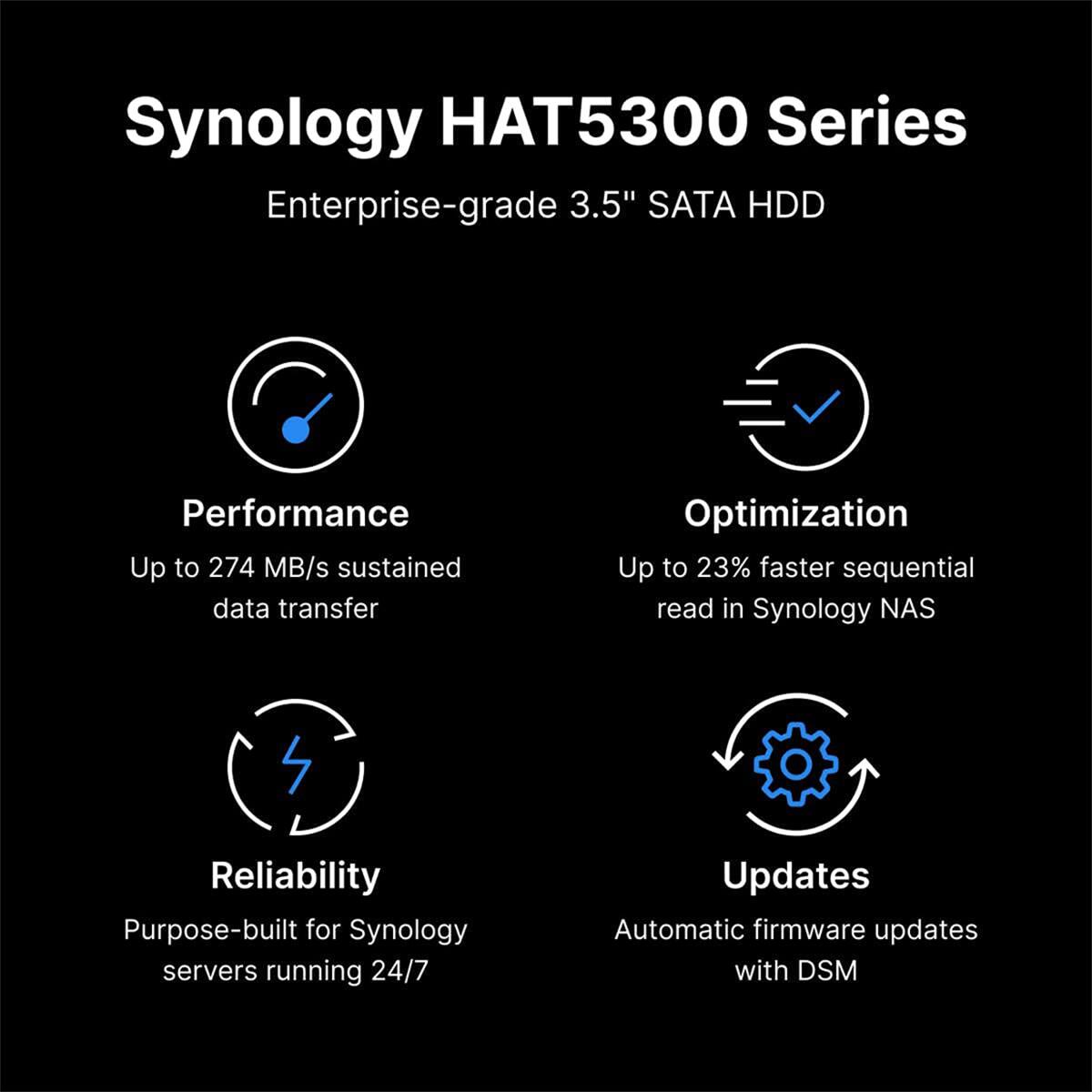 Synology HAT5300 Series Enterprise-grade 3.5" SATA HDD

Performance
- Up to 274 MB/s sustained data transfer

Optimization
- Up to 23% faster sequential read in Synology NAS

Reliability
- Purpose-built for Synology servers running 24/7

Updates
- Automatic firmware updates with DSM