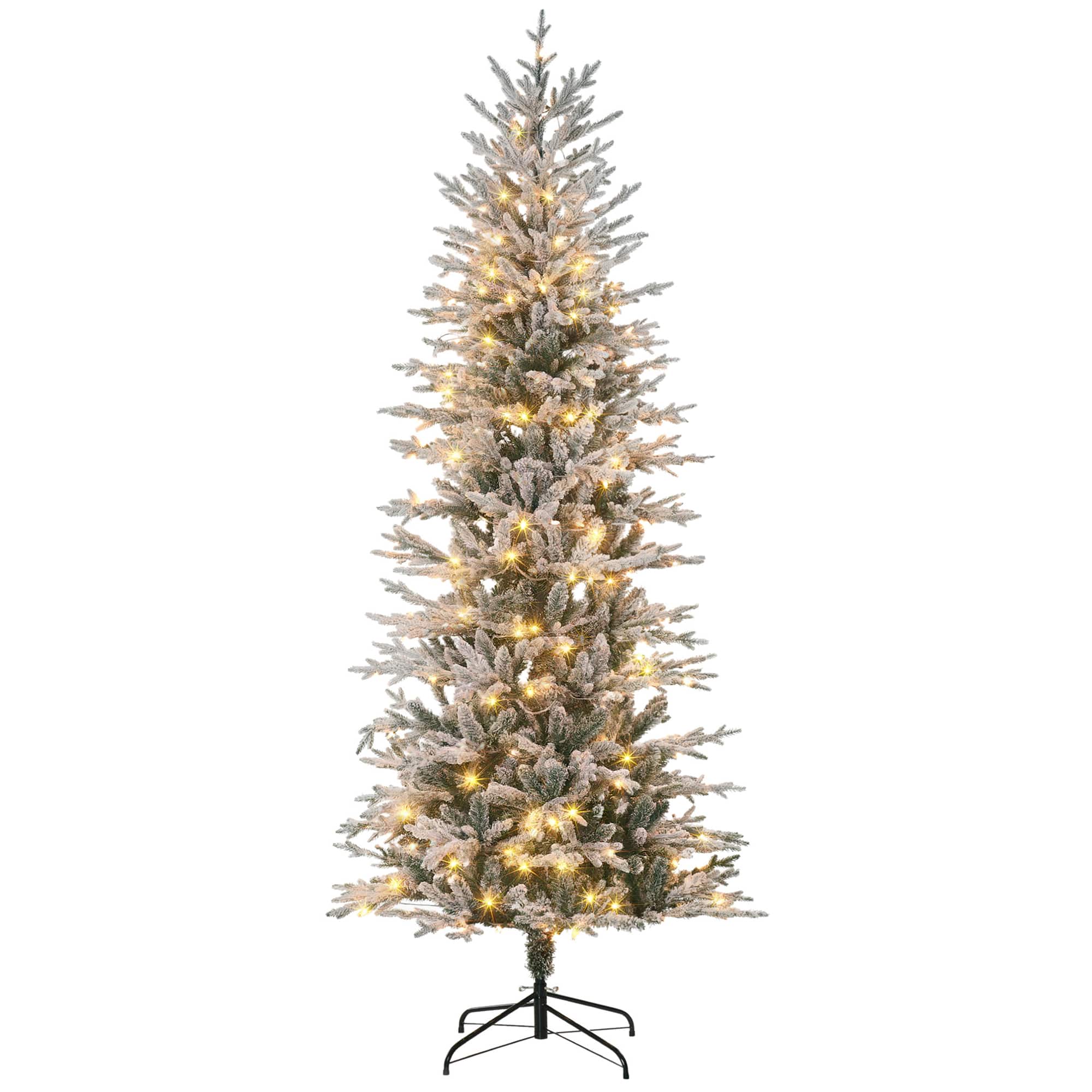 Homcom - Pre Lit Artificial Flocked Christmas Trees, with Snow Branches, Warm Yellow Clear Lights, Auto Open - Green