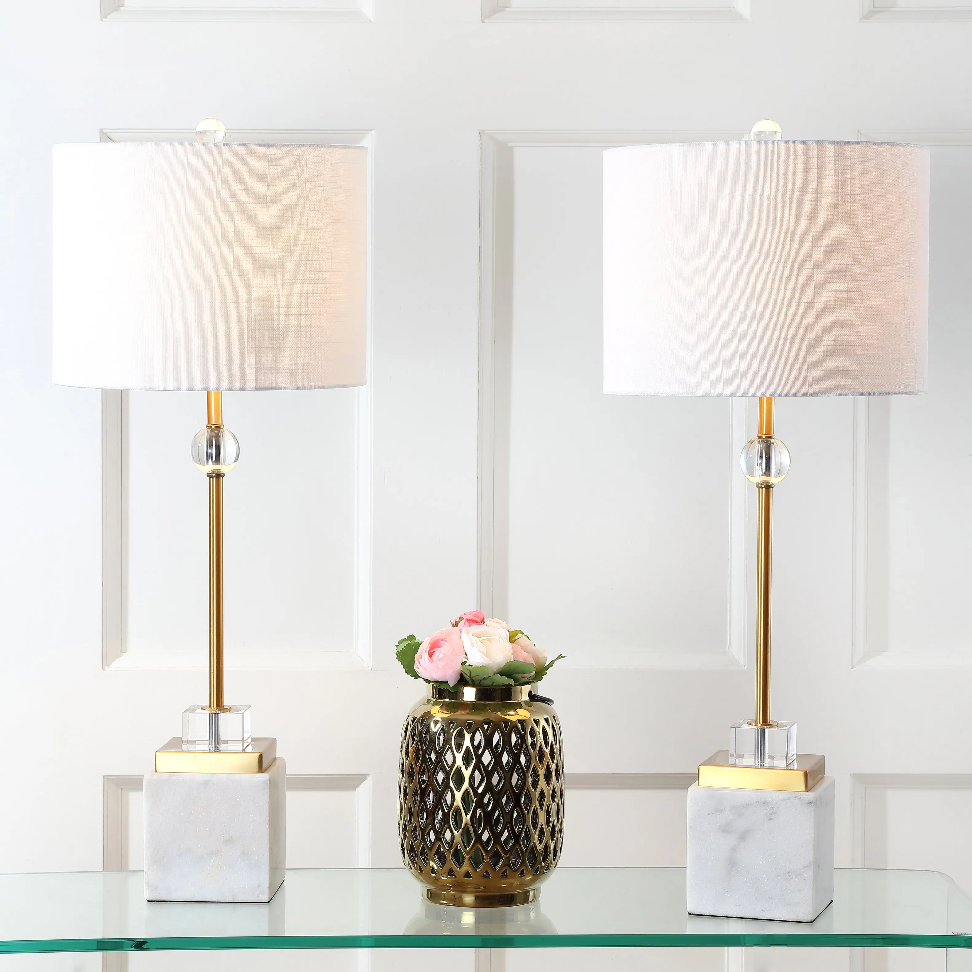 Alt View 1. Jonathan Y - Dawson 30" Marble/Crystal LED Table Lamp, Brass (Set of 2) - White/Brass Gold.