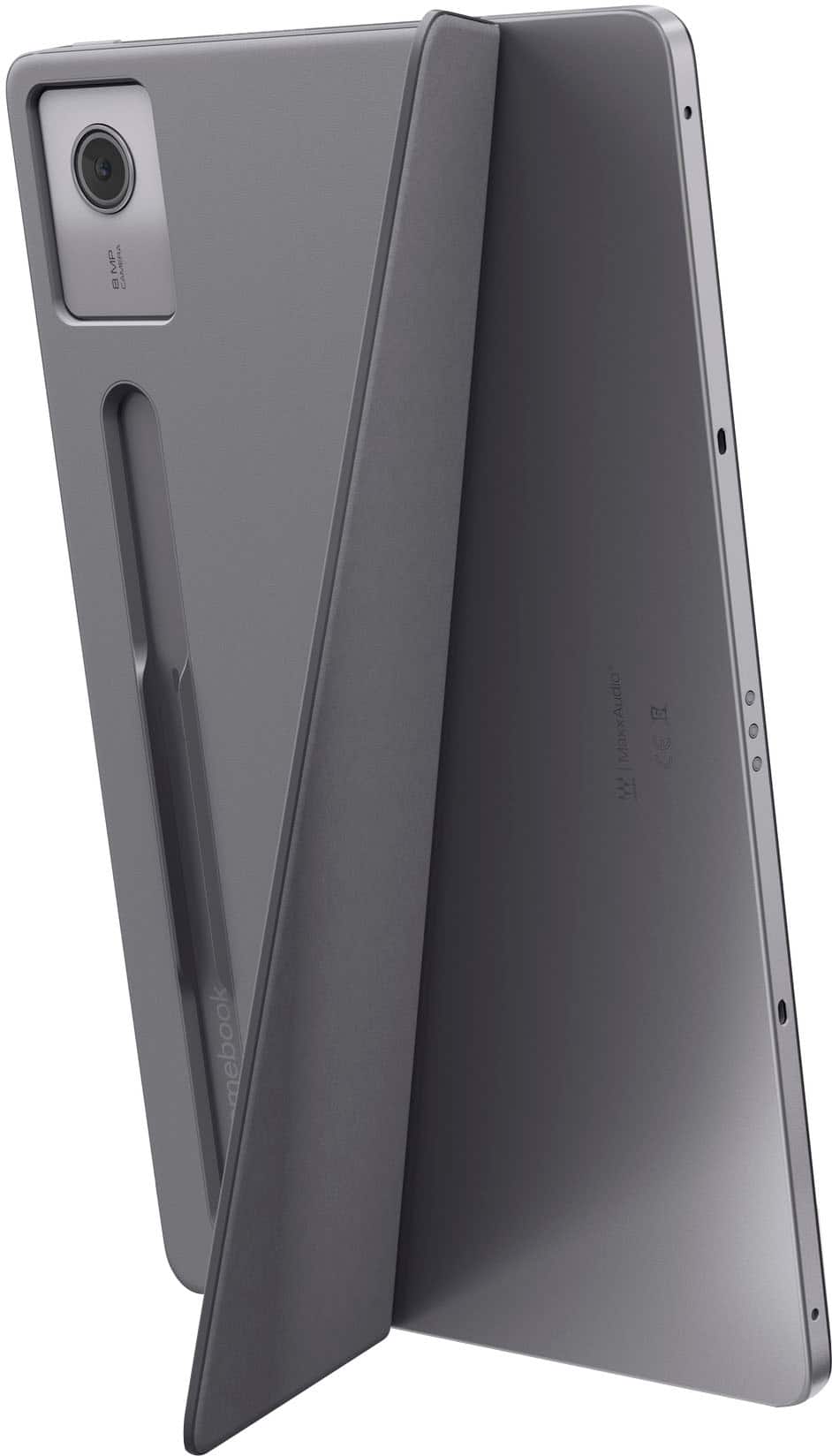 The image features a gray laptop with a camera on the top left corner. The laptop is open, revealing its screen, and it is positioned on a white background. The text on the image reads "MP CAMERA 0 MaxxAudio 2 mebook," which suggests that the laptop is equipped with a camera and audio features, and it may be designed for multimedia purposes or entertainment.