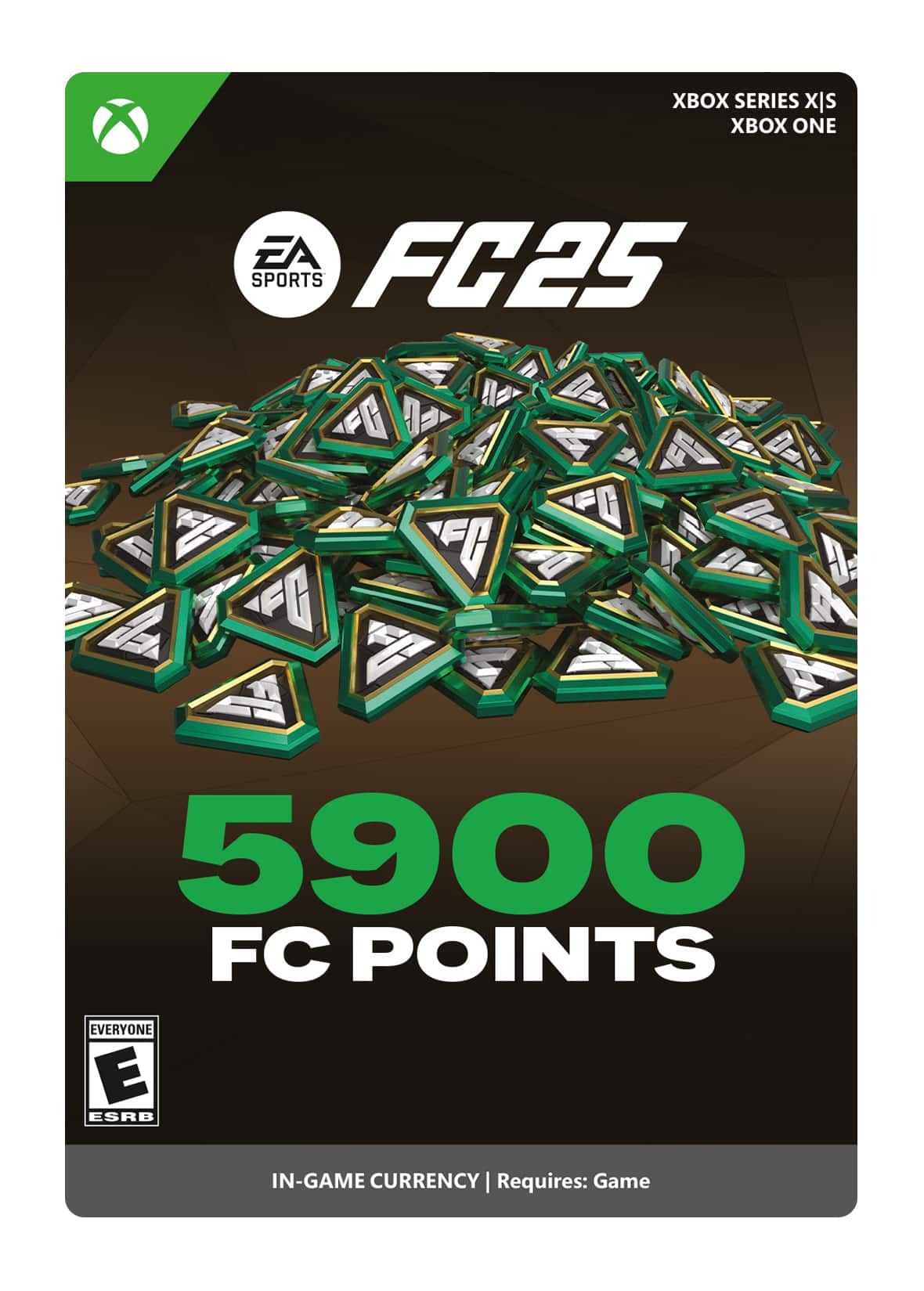 The text on the image reads: "Xbox Series X|S EA FC25 Sports 1 WEEK X 5900 FC POINTS EVERYONE E ESRB IN-GAME CURRENCY I Requires: Game."