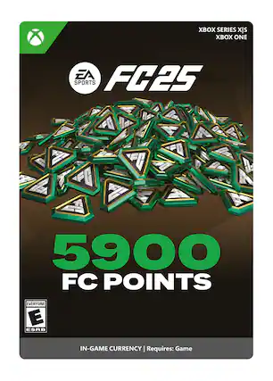 The text on the image reads: "Xbox Series X|S EA FC25 Sports 1 WEEK X 5900 FC POINTS EVERYONE E ESRB IN-GAME CURRENCY I Requires: Game."