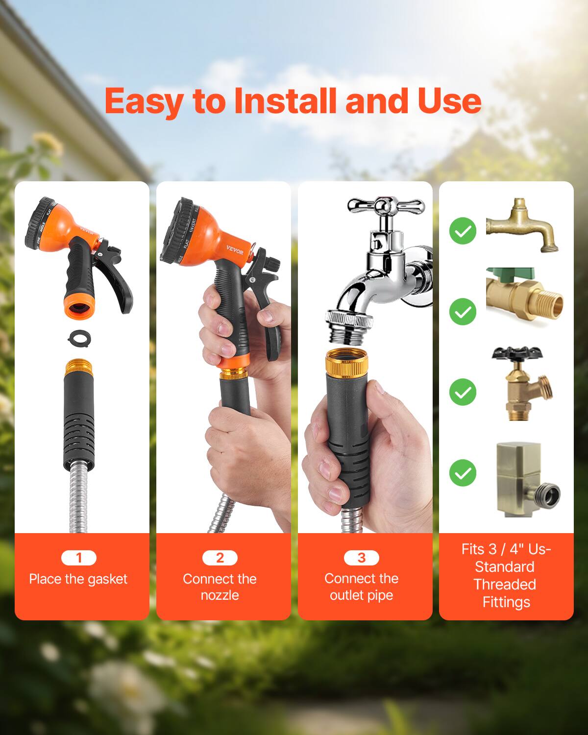 Easy to Install and Use

1. Place the gasket
2. Connect the nozzle
3. Connect the outlet pipe

Fits 3/4" US-Standard Threaded Fittings