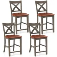 Costway - 4 PCS 24" Counter Height Stools Bar Stools with Faux Leather Upholstered Seat - Gray+Brown - Front_Zoom