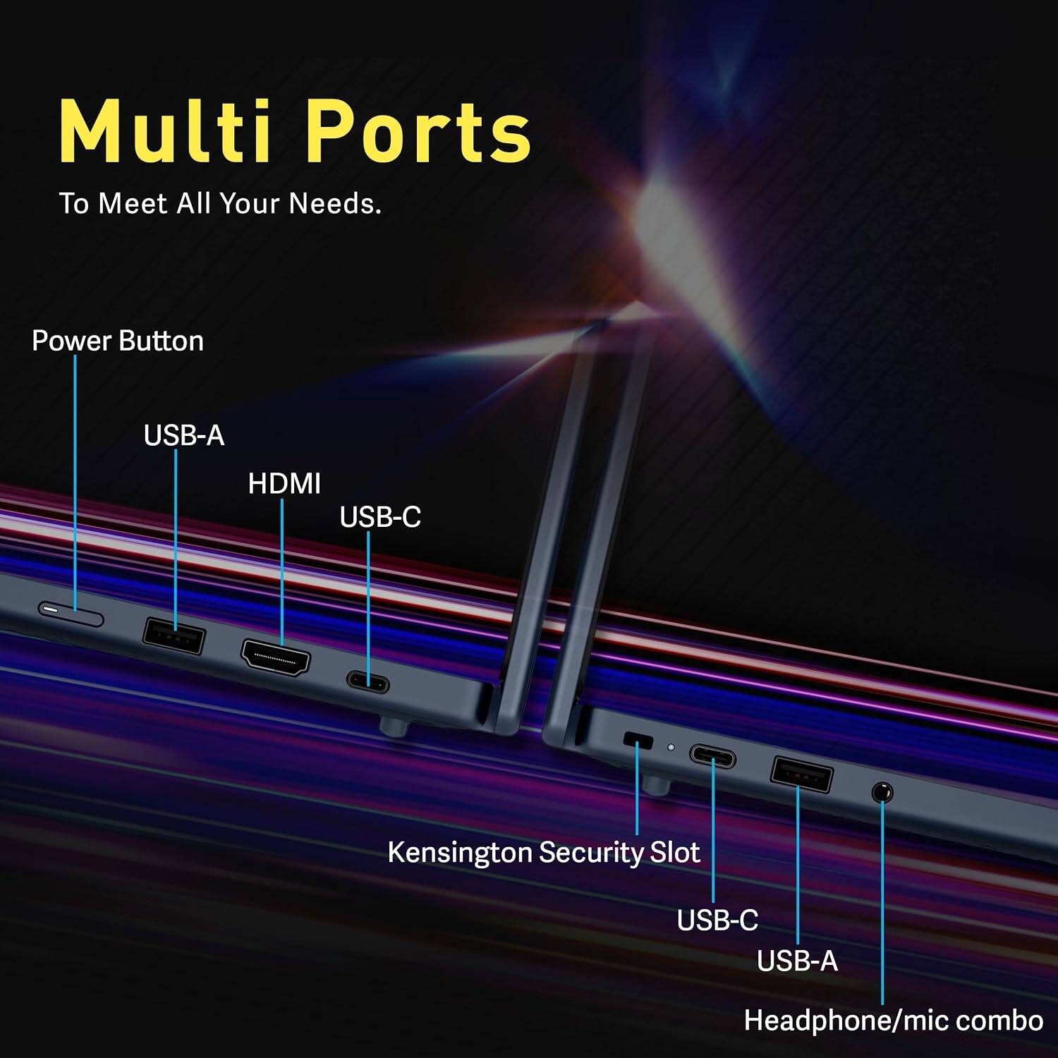 Multi Ports To Meet All Your Needs.  
Power Button  
USB-A  
HDMI  
USB-C  
Kensington Security Slot  
USB-C  
USB-A  
Headphone/mic combo