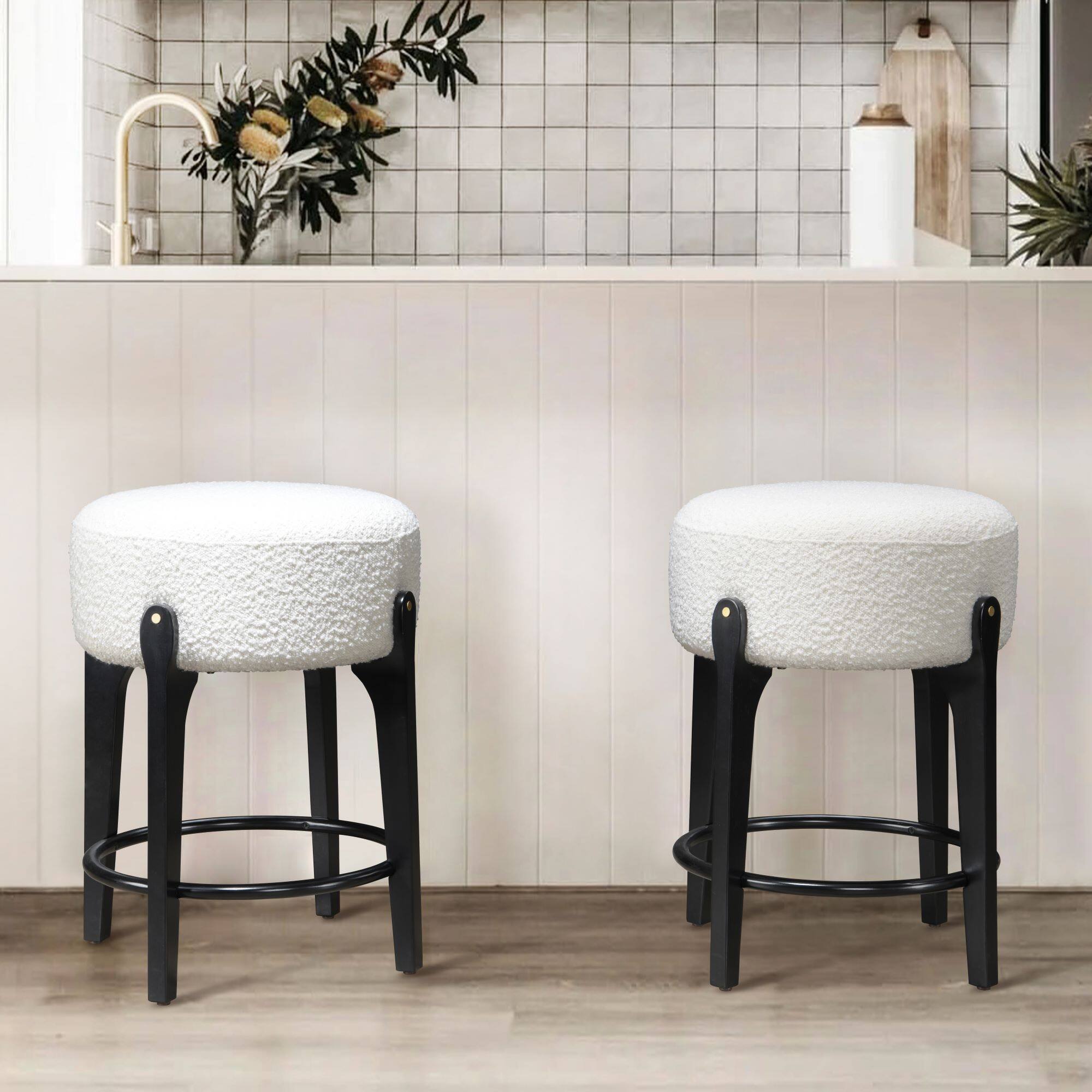 Angle. LuXeo - Ellie 24 in. Black Backless Wood Counter Stool with White Boucle Fabric Seat (Set of 2) - Black/white.