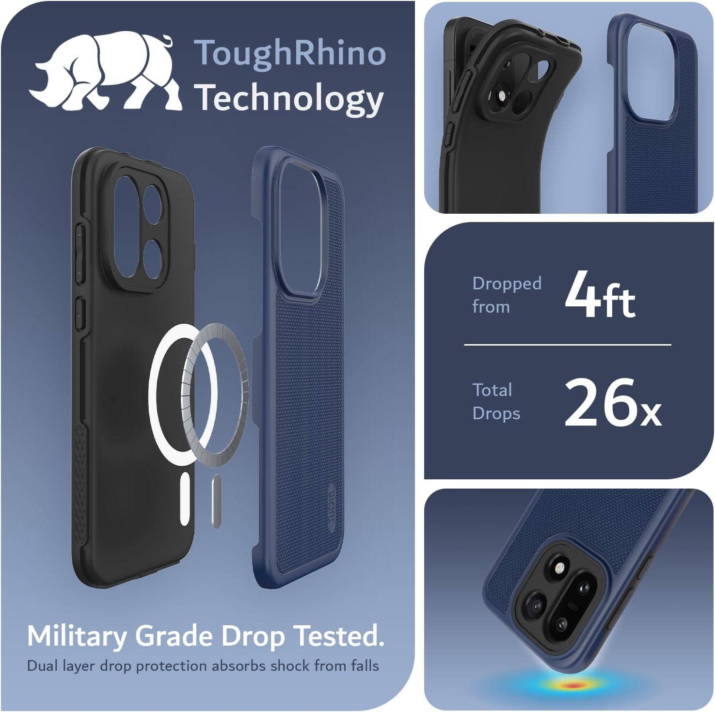 ToughRhino Technology

Dropped from 4ft  
Total Drops 26x

Military Grade Drop Tested.  
Dual layer drop protection absorbs shock from falls