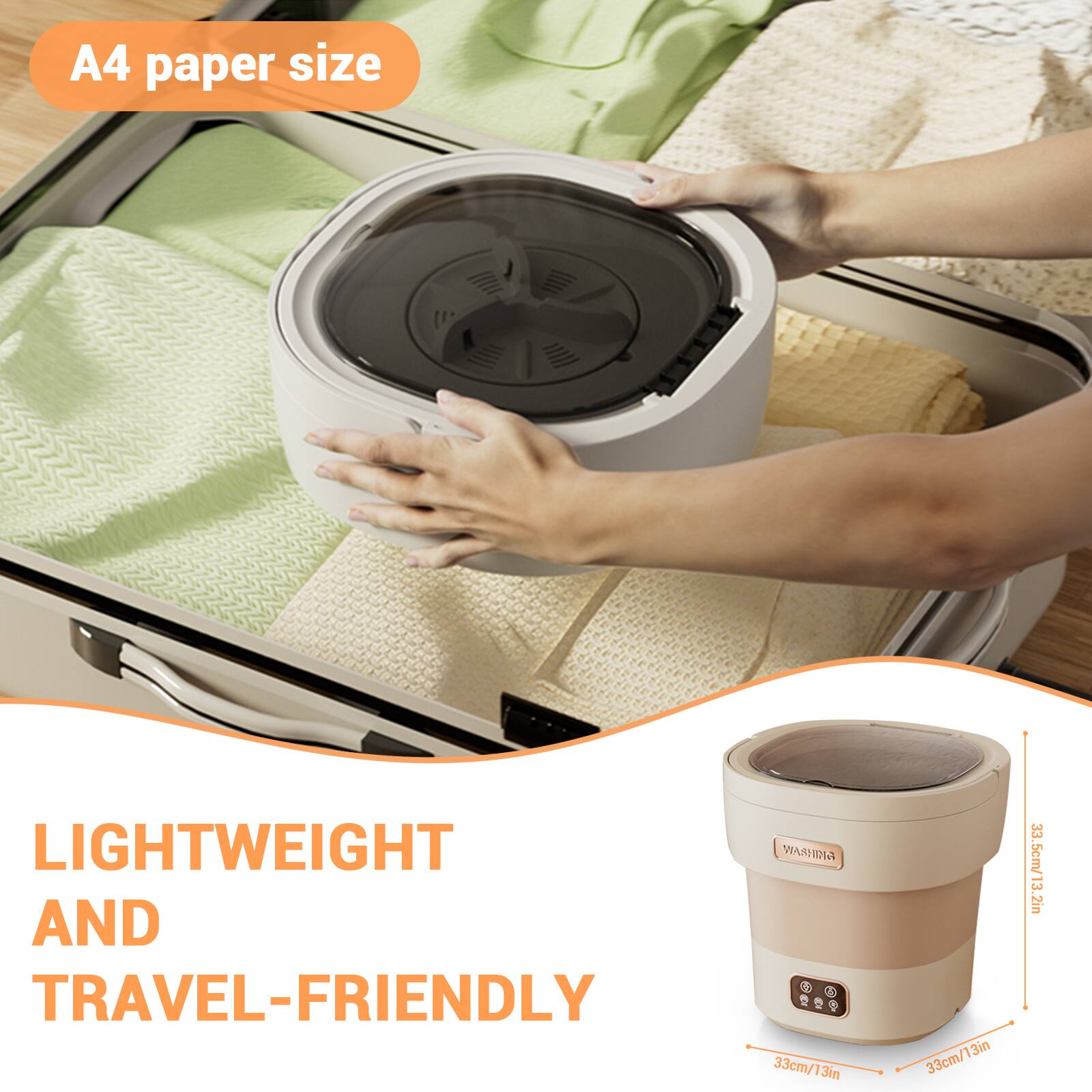 Angle. Acekool - 12L Mini Portable Washing Machine and Dryer for RV Travel Hotel Laundry, Beige - Beige.