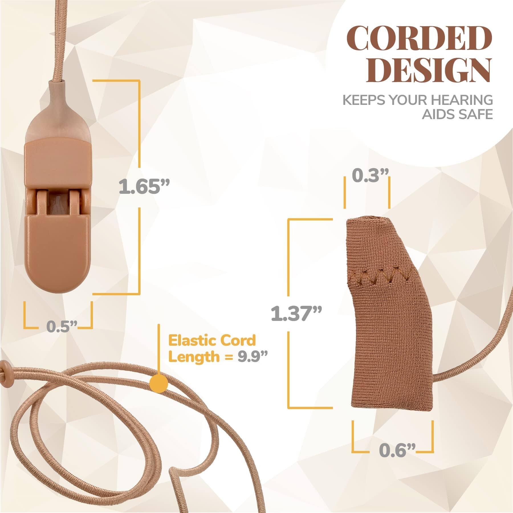 CORDED DESIGN  
KEEPS YOUR HEARING AIDS SAFE  

1.65"  
0.5"  
1.37"  
0.3"  
0.6"  

Elastic Cord Length = 9.9"