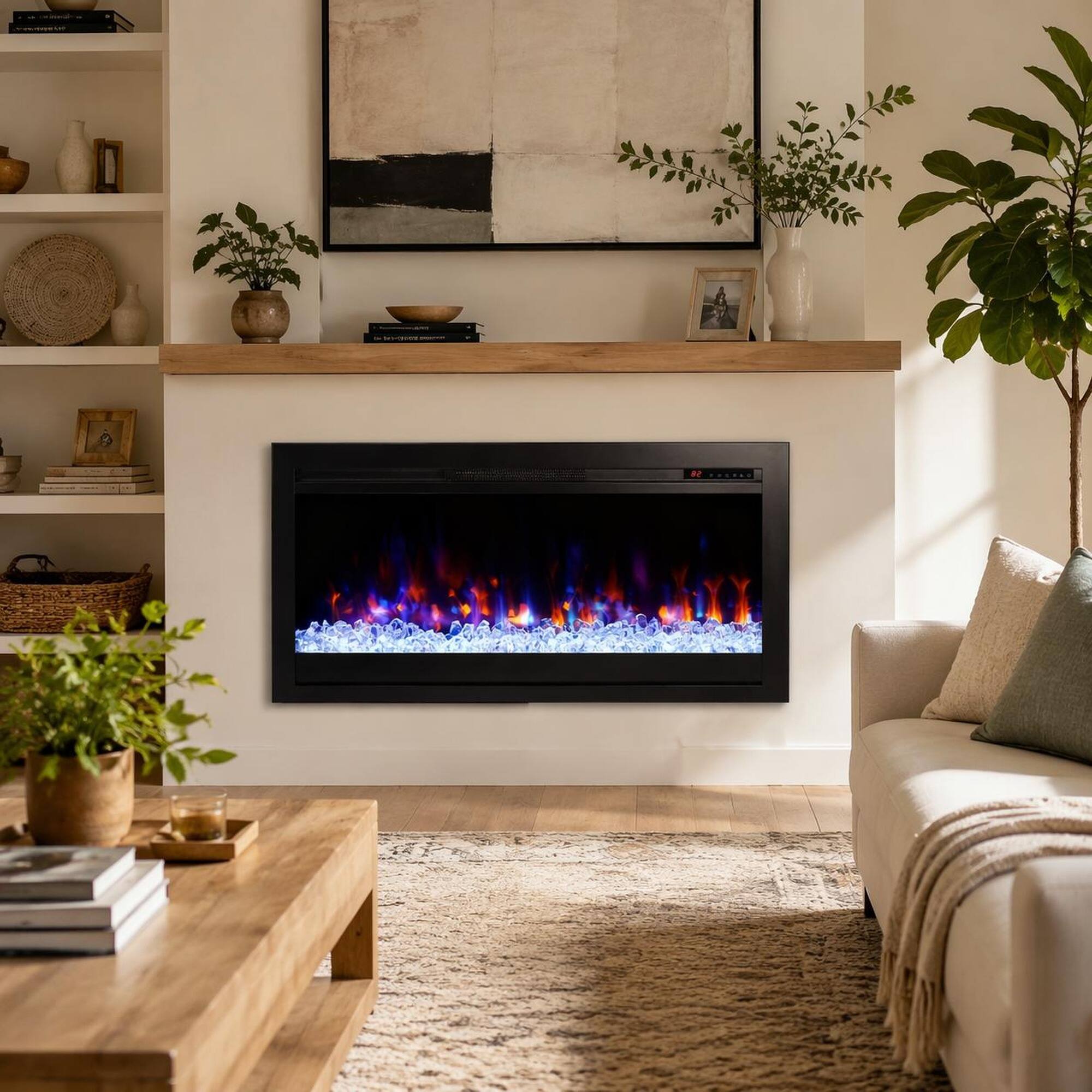 Angle. RYHNUYNE - 44 Inch In-Wall Recessed Electric Fireplace with Remote & Multi-Color Flame & Emberbed – LED Heater - Antique Black.