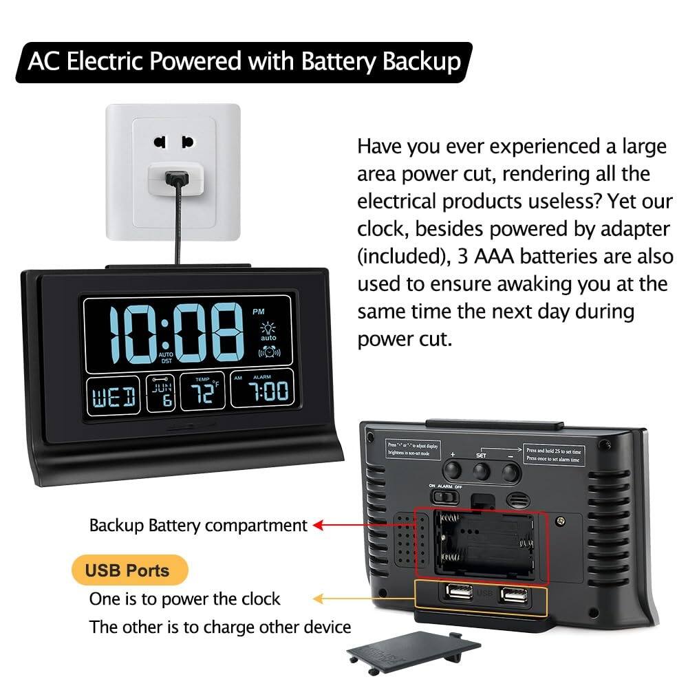 AC Electric Powered with Battery Backup

Have you ever experienced a large area power cut, rendering all the electrical products useless? Yet our clock, besides powered by adapter (included), 3 AAA batteries are also used to ensure awakening you at the same time the next day during power cut.

Backup Battery compartment

USB Ports
One is to power the clock
The other is to charge other device