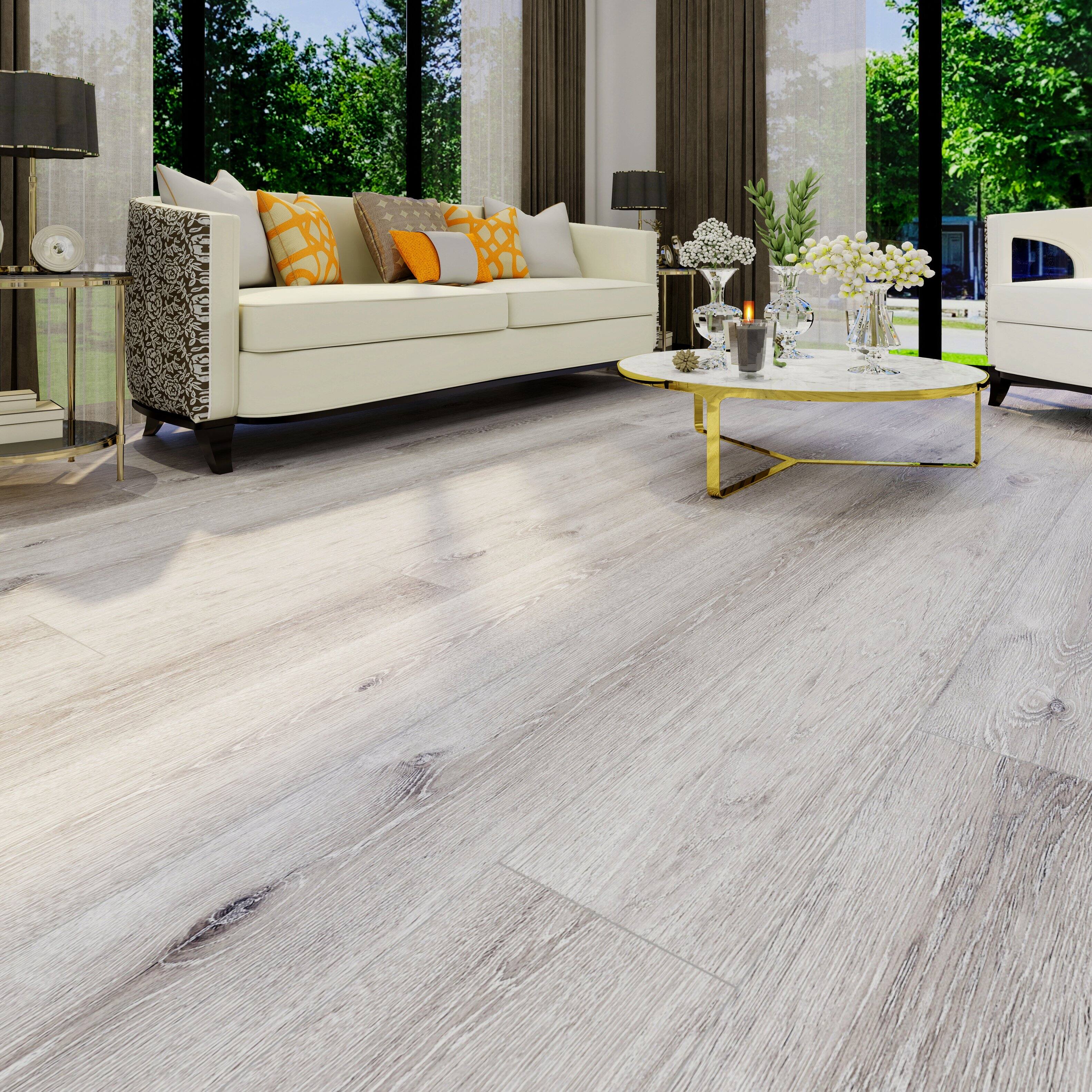 Left. Dotfloor - Superoak Lite Laminate Flooring - 48"x7.7" Planks, 10 Planks/Box (25.6 sq ft/Box), 9.5mm Thick, AC4 Wear Rating - Winter Horn.