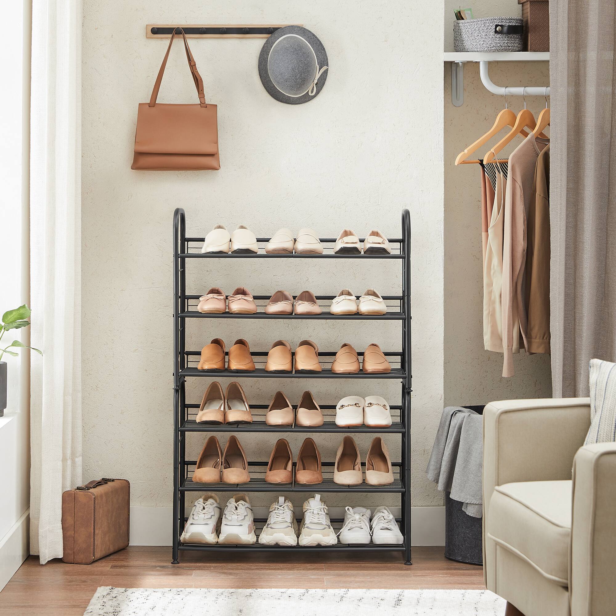 Left. Songmics Home - Shoe Rack, 3 Tier Shoe Organizer for Closet, Holds up to 12 Pairs of Shoes, Shoe Rack for Front Door Entrance - Black.