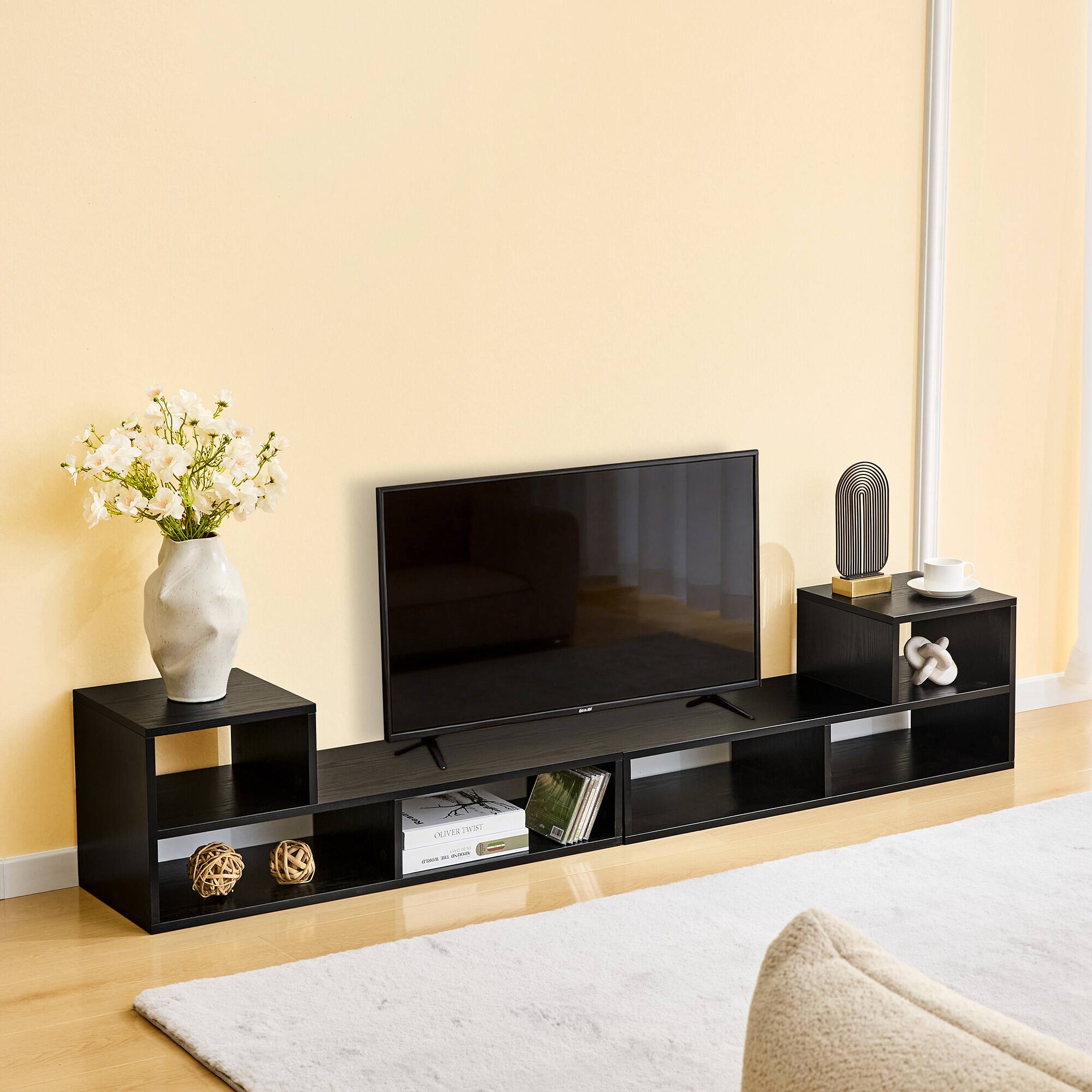 Back. Loheer - Loheer- Adjustable Modular TV Stand Black Open Storage Console 0.98ft W x 1.12ft H Modern Media Shelf For Living Room - Black.