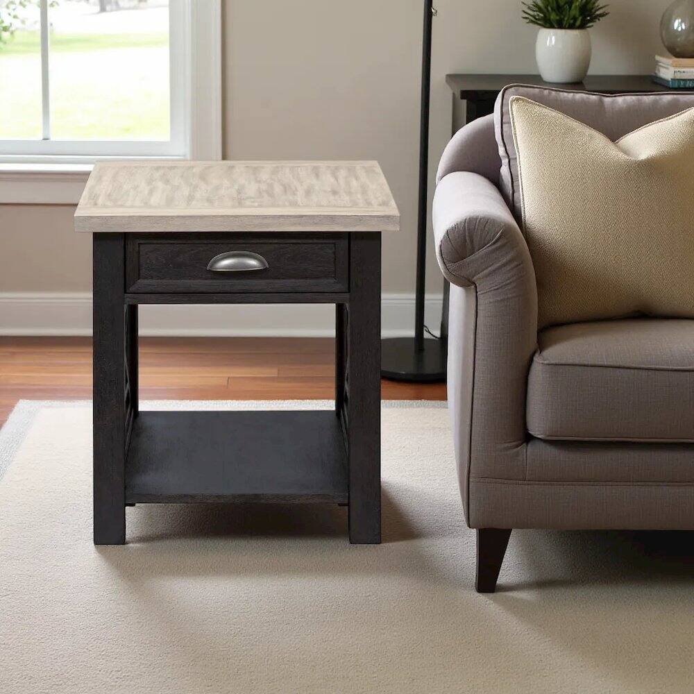Back. Starlight Canyon Home - Black Farmhouse End Table – Square Side Table for Living Room with Drawer - Black.