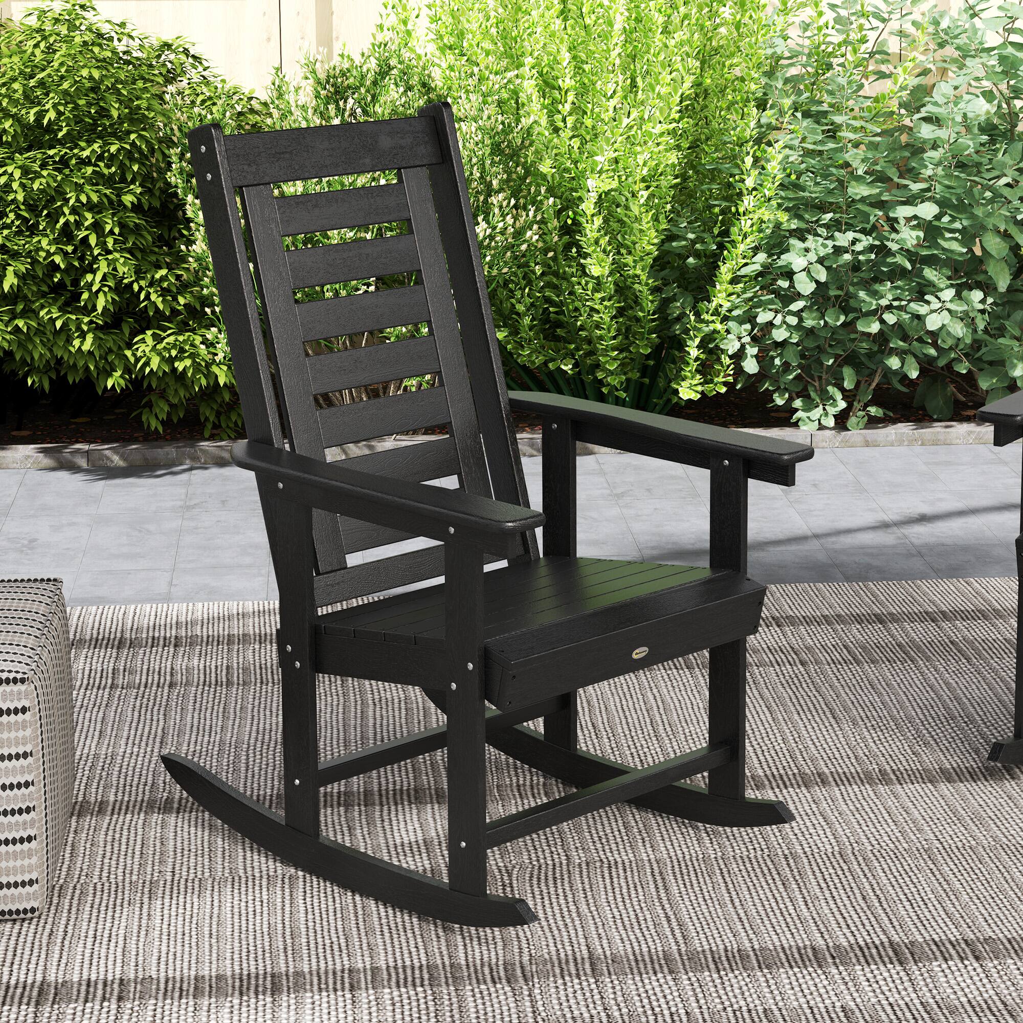 Alt View 4. Outsunny - Outdoor Rocking Chairs Set of 2, HDPE Patio Rocking Chairs with 28" High Back and Wide Armrests - Black.