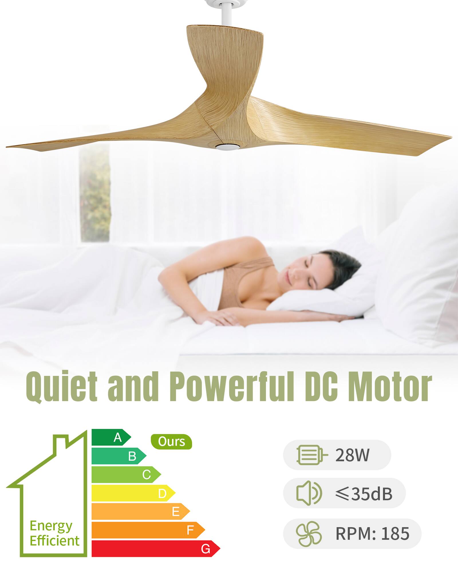 Quiet and Powerful DC Motor  
Energy Efficient  
A B C D E F G  
Ours  
28W  
≤35dB  
RPM: 185
