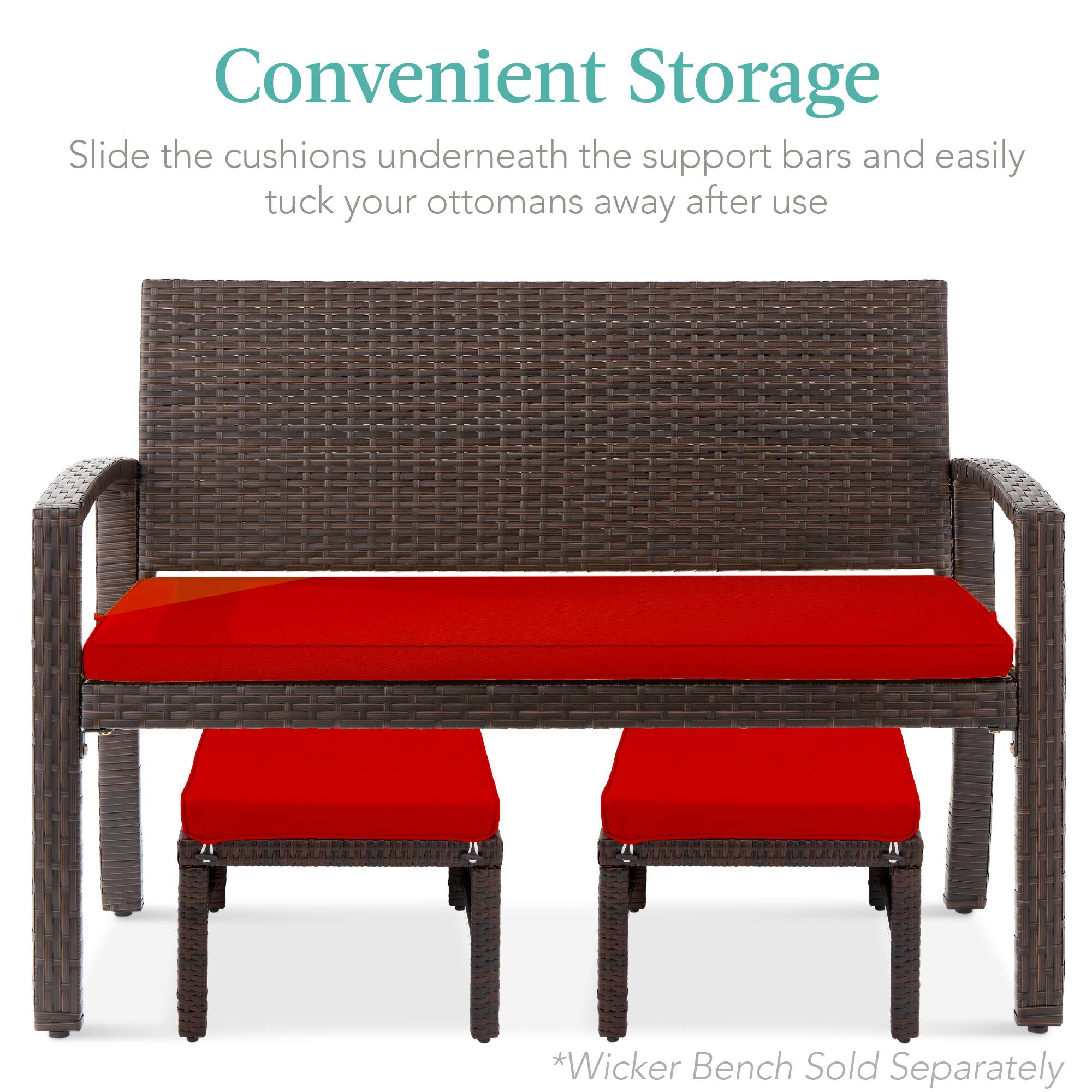 Convenient Storage

Slide the cushions underneath the support bars and easily tuck your ottomans away after use

*Wicker Bench Sold Separately