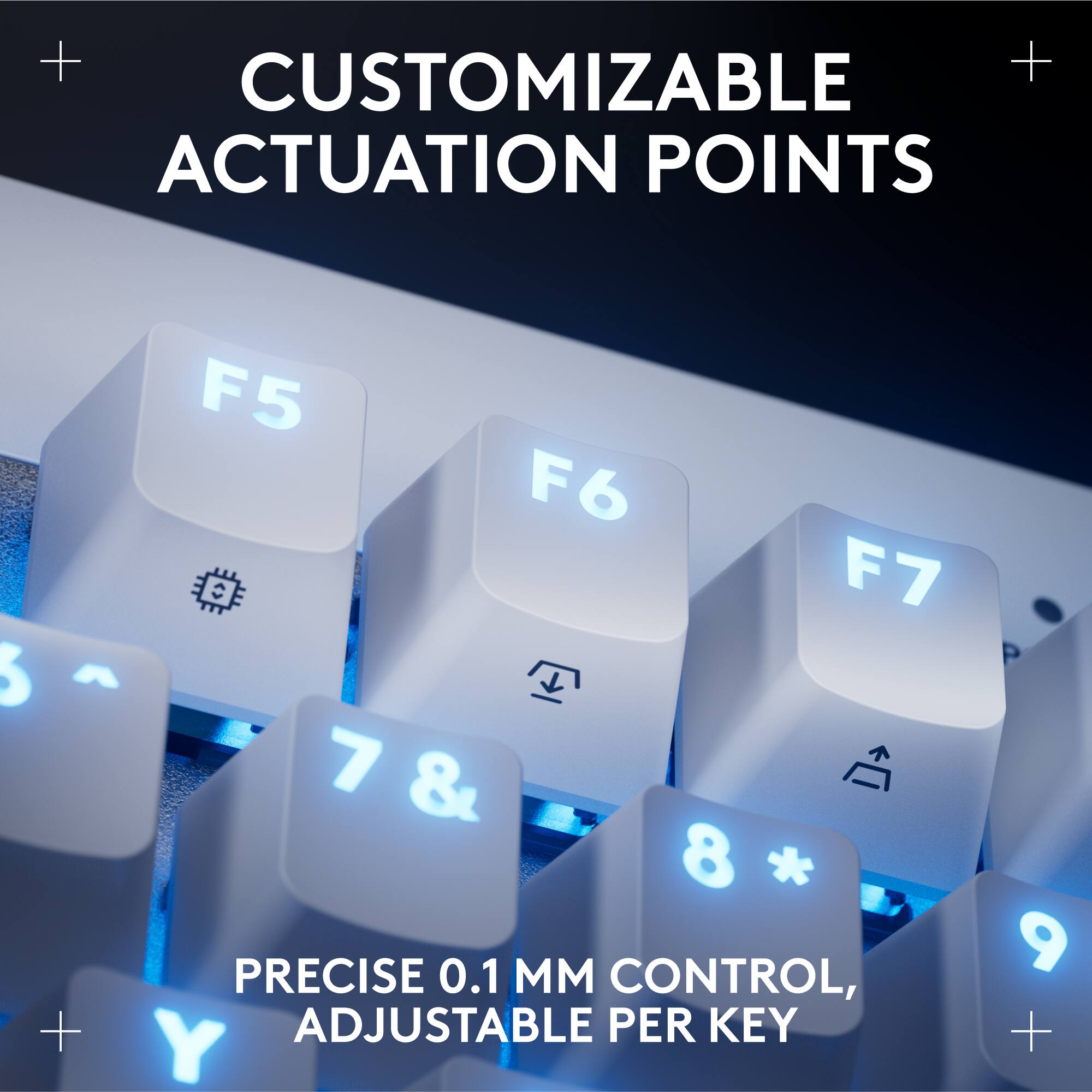Customizable Actuation Points: F5, F6, F7, F8, 5, 7, 8, 9, A, Y. Precise 0.1mm control, adjustable per key.